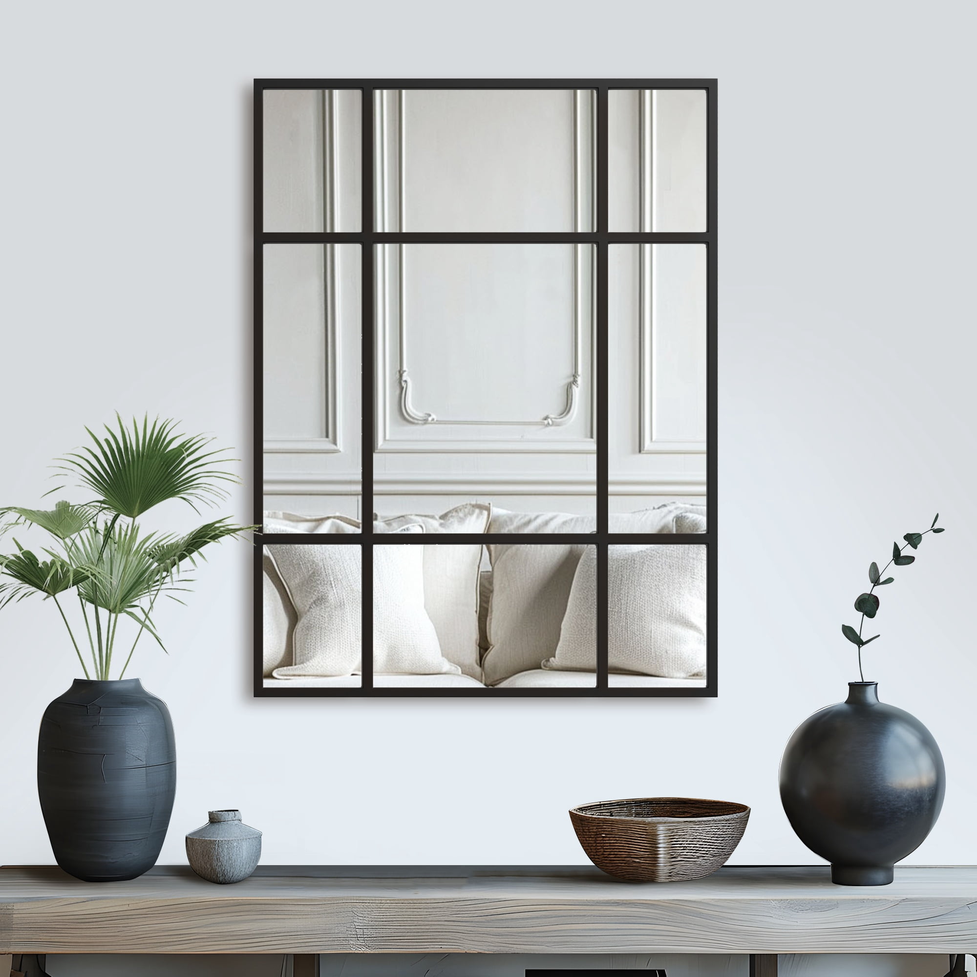 MAYEERTY 39×30in Metal Rectangular Black Windowpane Hanging Mirror for Living Room Wall Decor