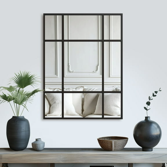 MAYEERTY 39×30in Metal Rectangular Black Windowpane Hanging Mirror for Living Room Wall Decor
