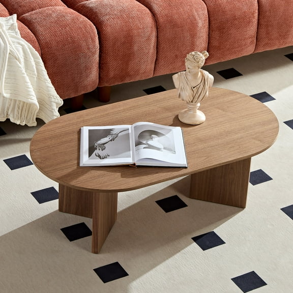 MAYEERTY 39.37 Inch Modern MDF Oval Coffee Table, Sturdy Pedestal Small Table for Living Room, Apartment & Bedroom, Walnut