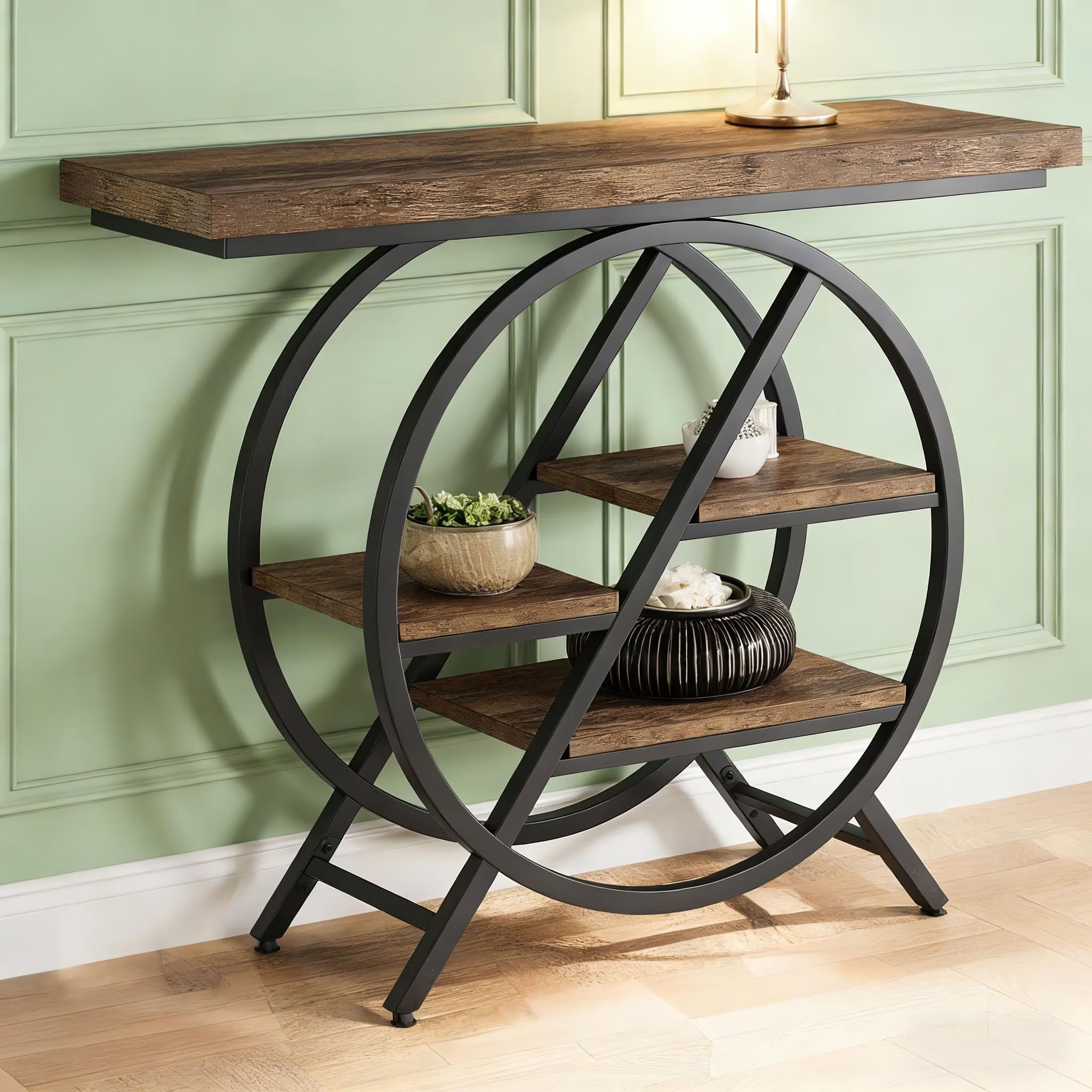 MAYEERTY 39.37" Industrial Console Table with Metal Frame, Rustic Wood Narrow Entryway Table with 3-Tier Shelves, for Living Room, Hallway, Foyer