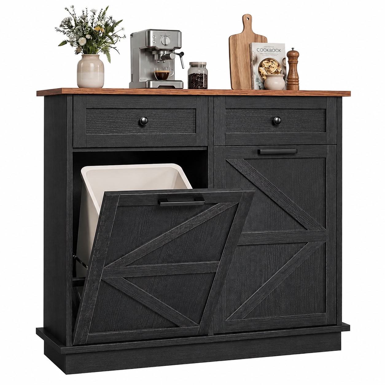 MAYEERTY 39.4" Farmhouse Storage Cabinet, Double Tilt Out Trash Can Cabinet with Drawer, Hidden Cabinet for Kitchen, Laundry, Living Room, Office