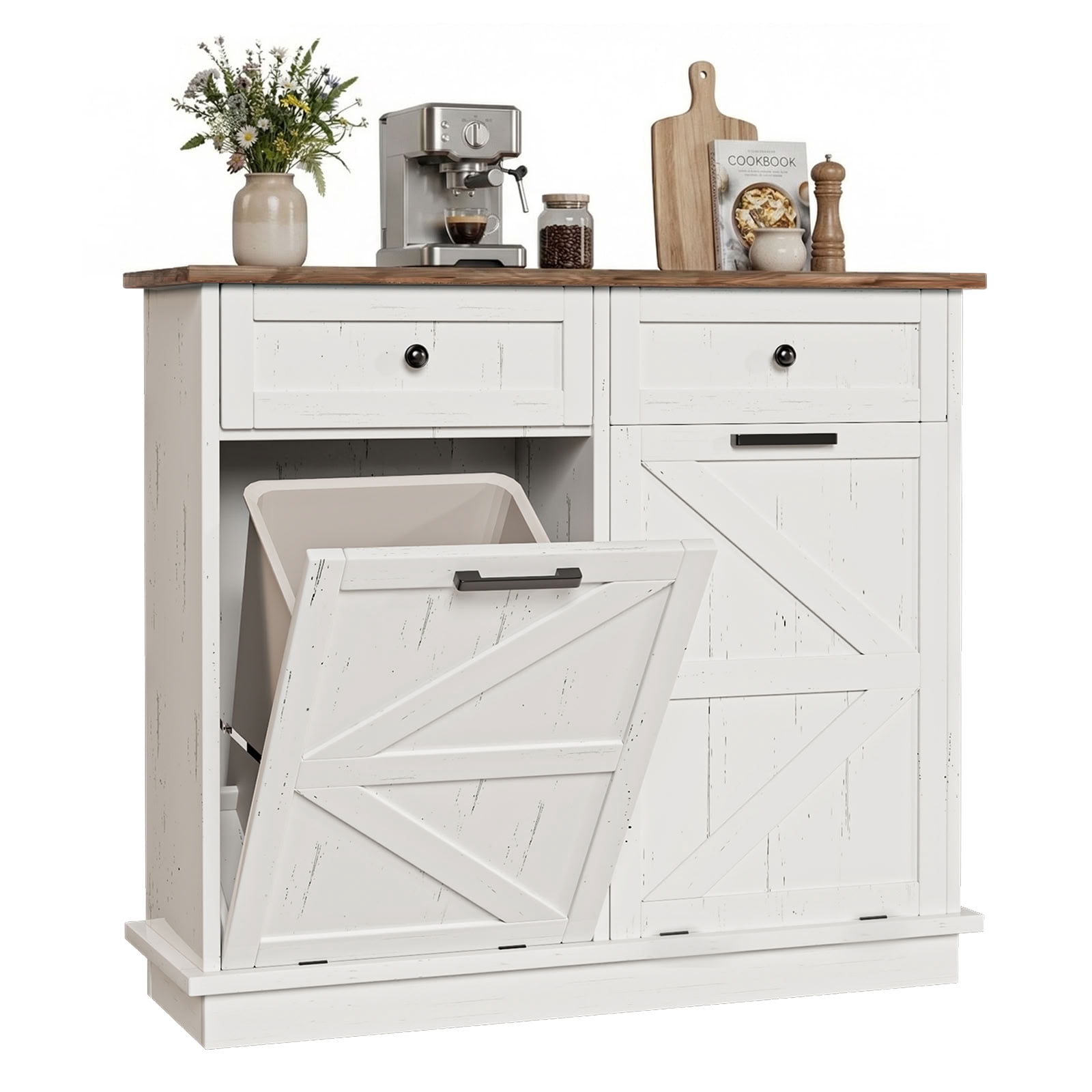 MAYEERTY 39.4" Farmhouse Storage Cabinet, Double Tilt Out Trash Can Cabinet with Drawer, Hidden Cabinet for Kitchen, Laundry, Living Room, Office