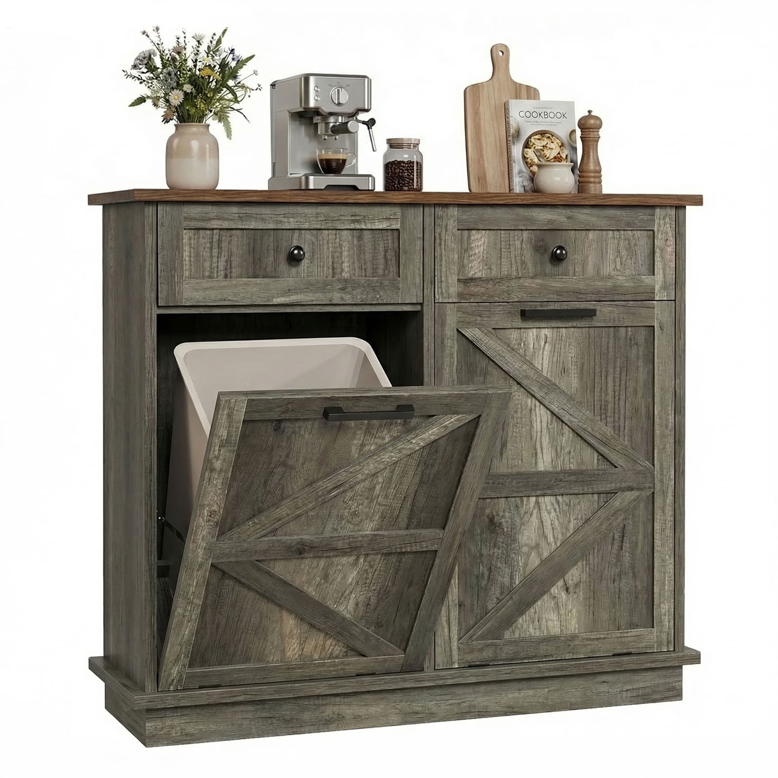 MAYEERTY 39.4" Farmhouse Storage Cabinet, Double Tilt Out Trash Can Cabinet with Drawer, Hidden Cabinet for Kitchen, Laundry, Living Room, Office