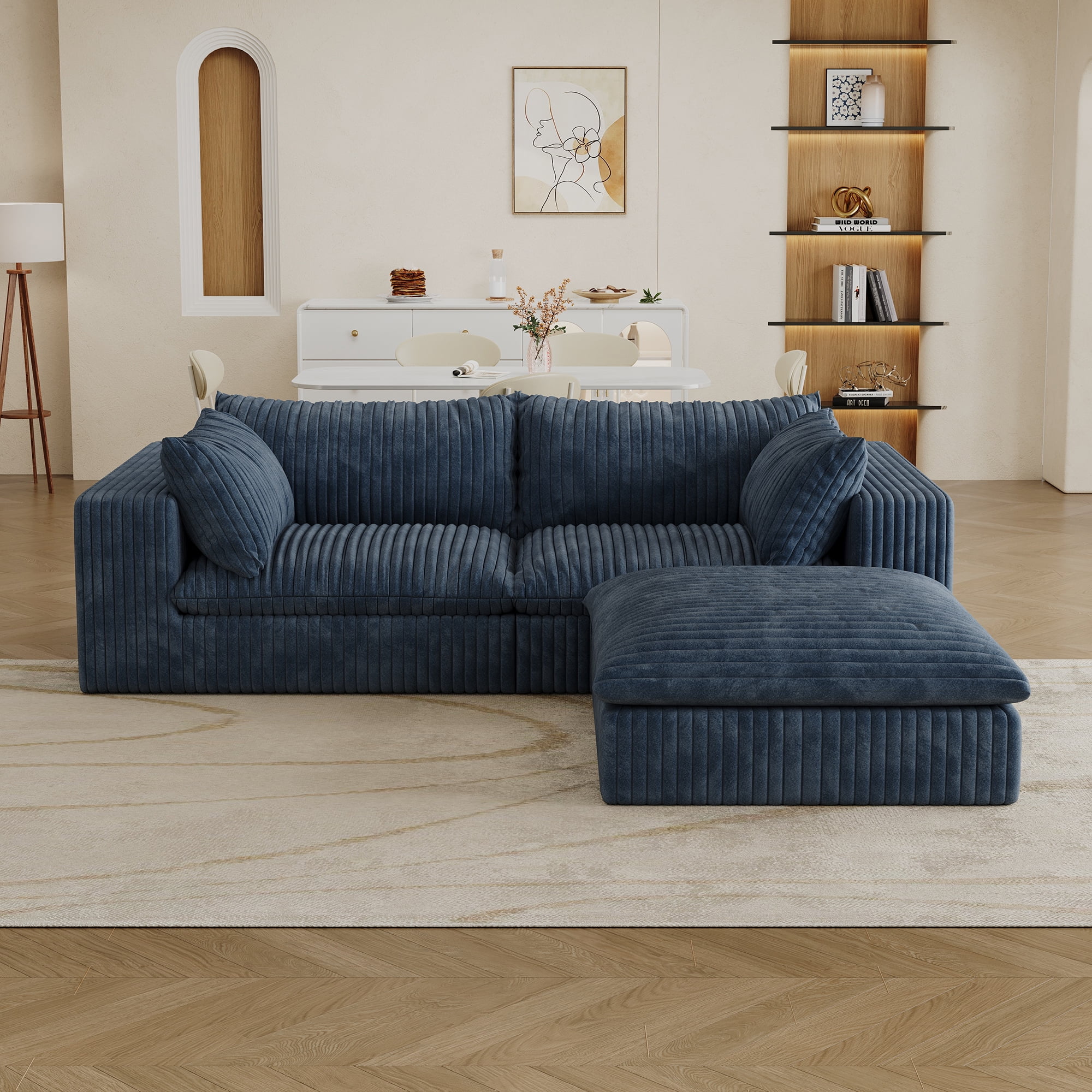 MAYEERTY 78.8" Cloud Sofa Blue Corduroy Fabric Deep Seat Double-Layer Design Removable Cushion No Assembly DIY Combination for Multi-Rooms