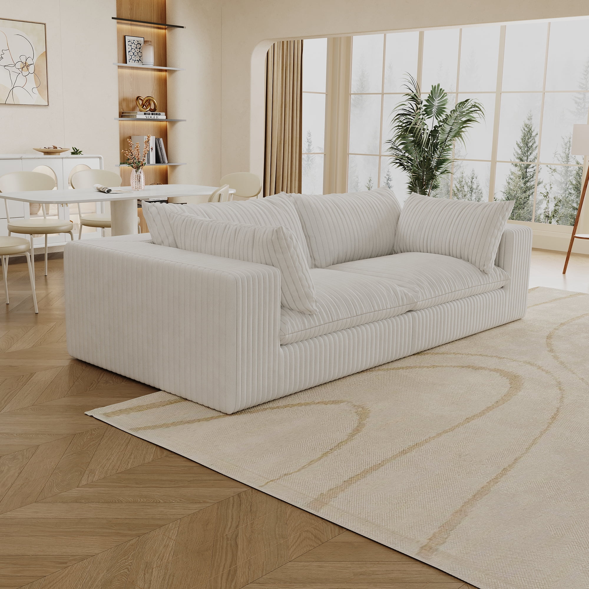 MAYEERTY 78.8" Cloud Sofa White Corduroy Deep Seat Double-Layer Removable Cushion No Assembly Multi-Rooms