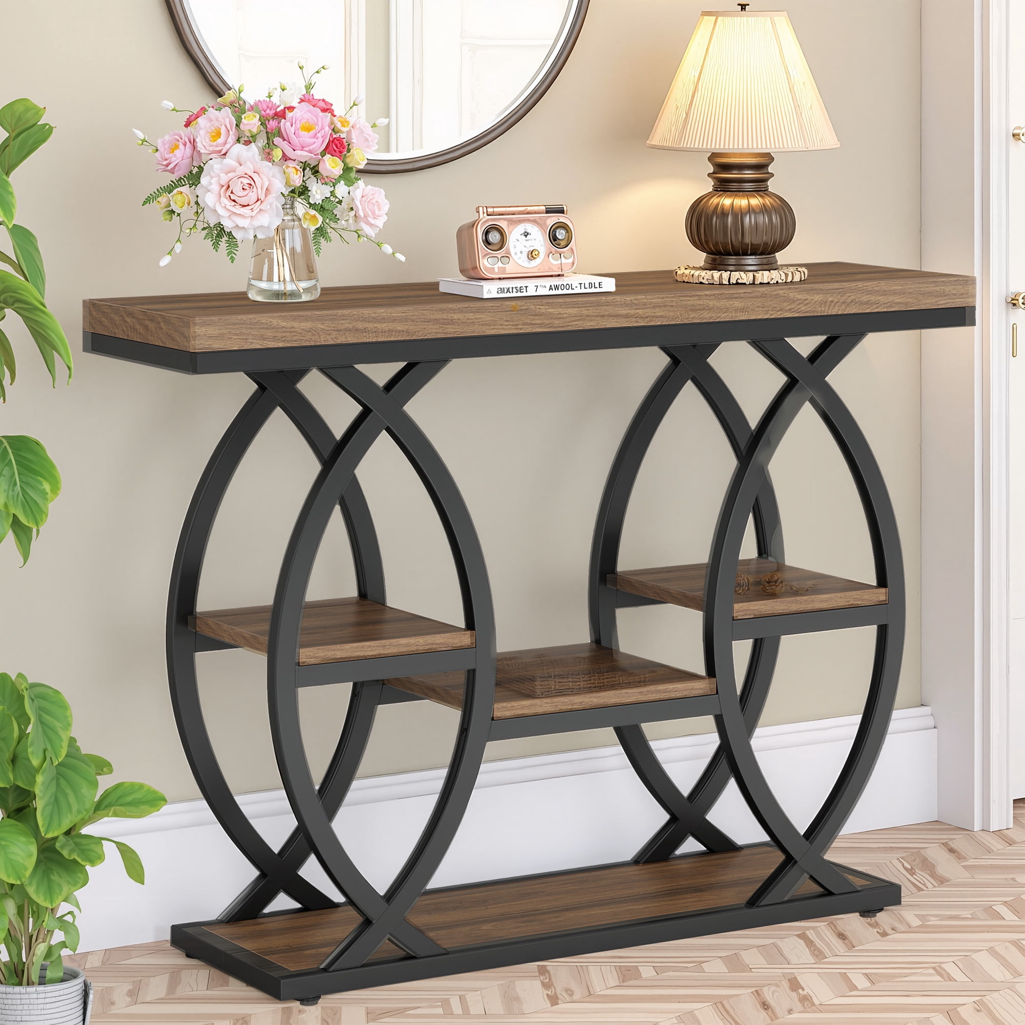 MAYEERTY 4-Tier Industrial Console Table, Rustic Top Geometric Metal Base Narrow Entryway Table