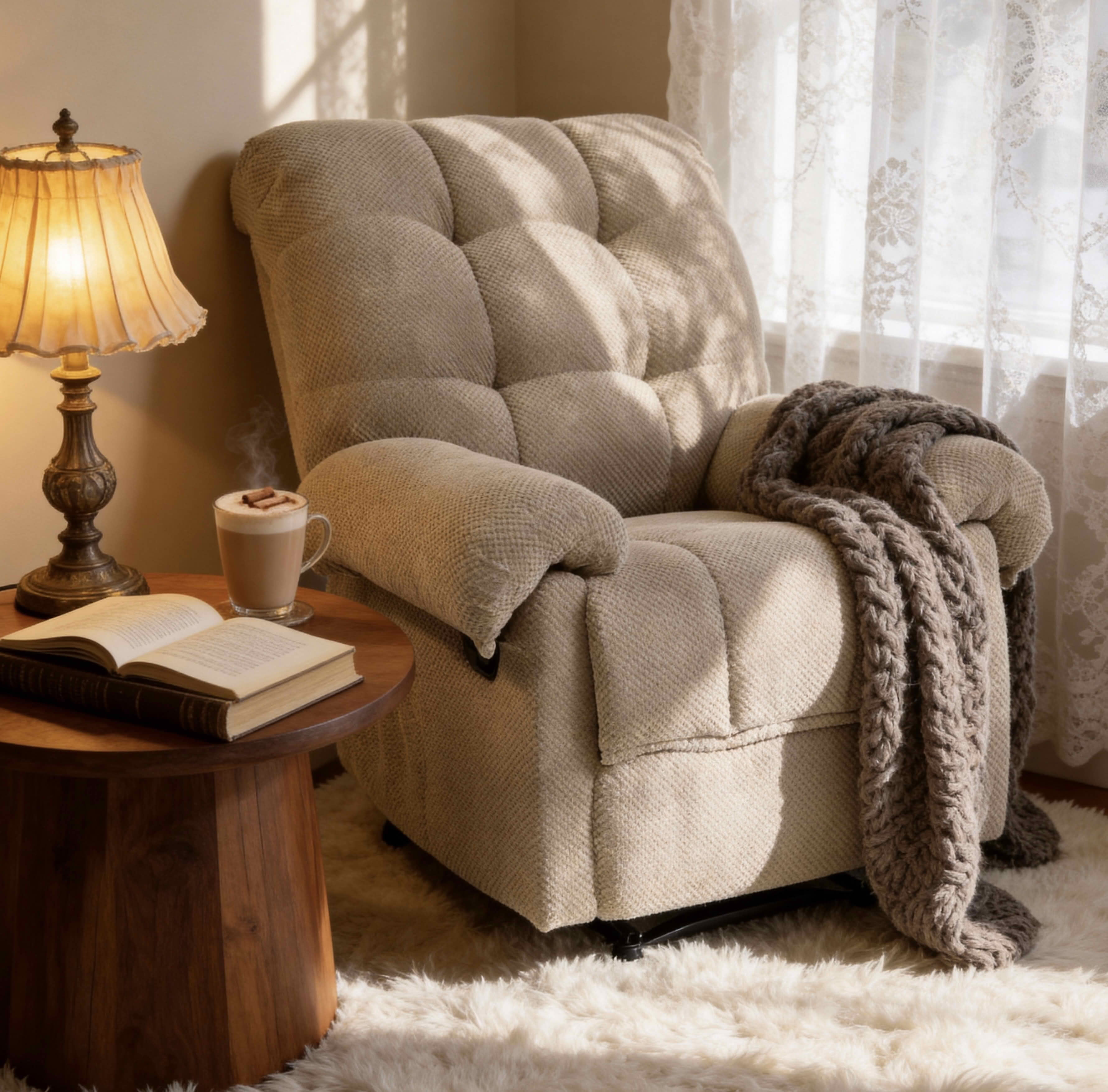 MAYEERTY 39 In Manual Recliner, Overstuffed Fabric Armchair, 160 Degree Recline, Camel, 300 lb