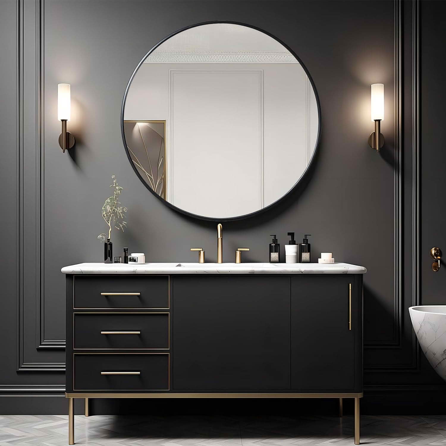 MAYEERTY 39 Inch Black Metal Framed Round Bathroom Wall Mirror, for Large Bathroom Decor