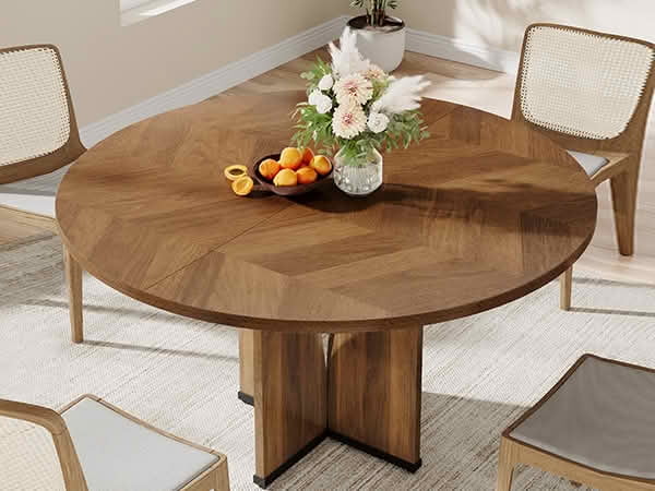 MAYEERTY 39 Inch Round Farmhouse Dining Table, Brown Wood Kitchen Dinner Table for 4 People for Small Spaces