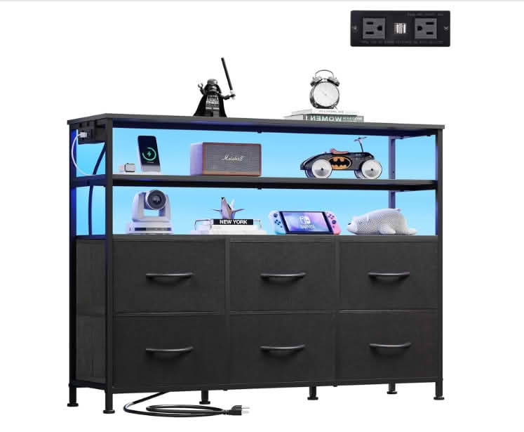 MAYEERTY 39-Inch TV Stand for 45-Inch TVs, RGB LED Charging Station 6 Fabric Drawers
