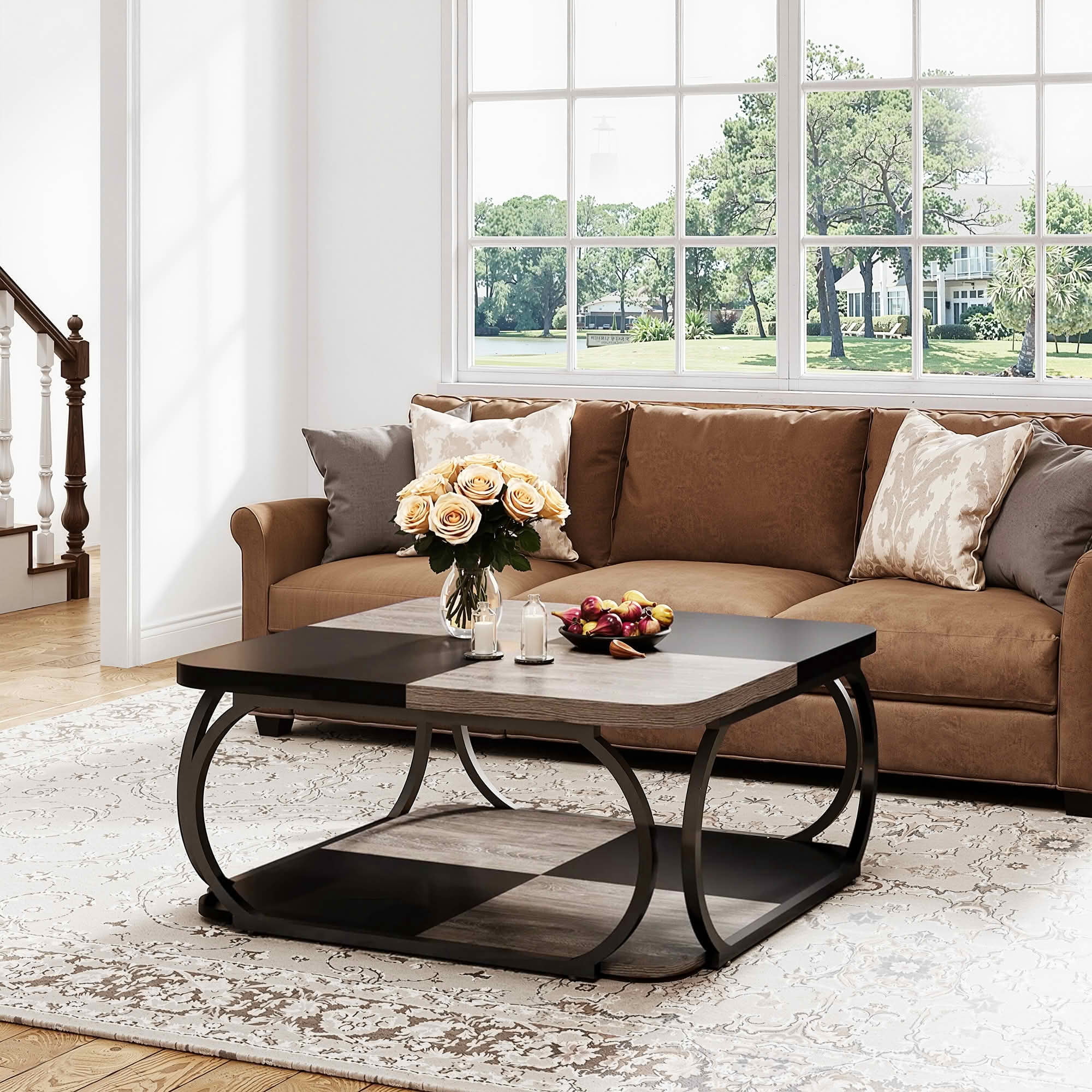 MAYEERTY 39" Square 2-Tier Coffee Table, Rustic Brown Wood Curved Black Metal Frame Farmhouse Modern Cocktail Table