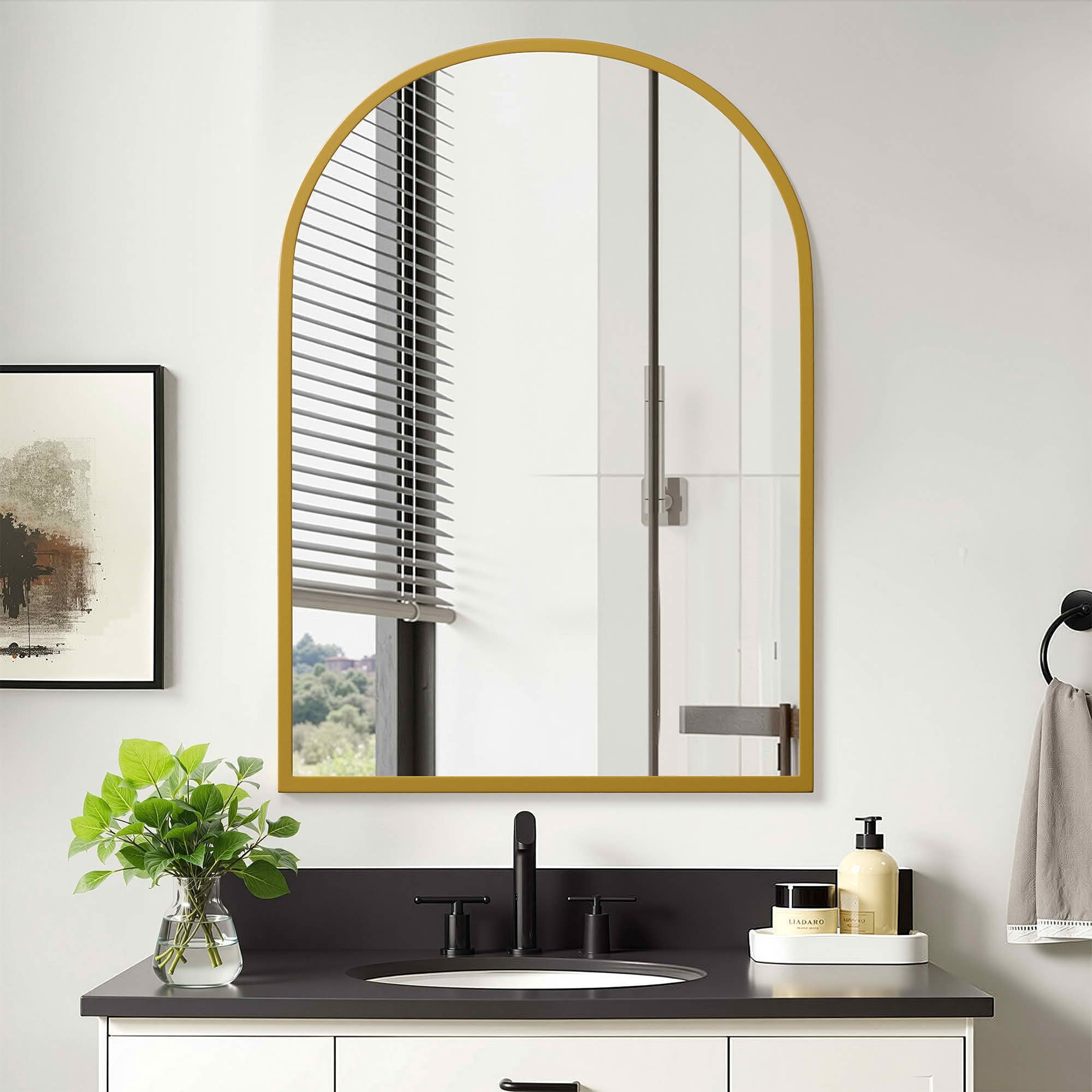 MAYEERTY 39x30x5 Inch Gold Metal Round Corner Arched Medicine Cabinet for Bathroom