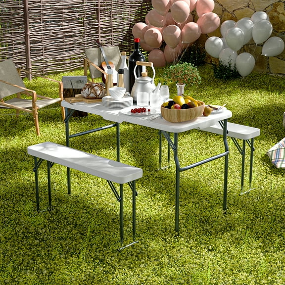 MAYEERTY 3pcs Beer Table Set(1+2) HDPE Top, Steel Frame, Foldable for Outdoor Picnics, Camping & Backyard Use