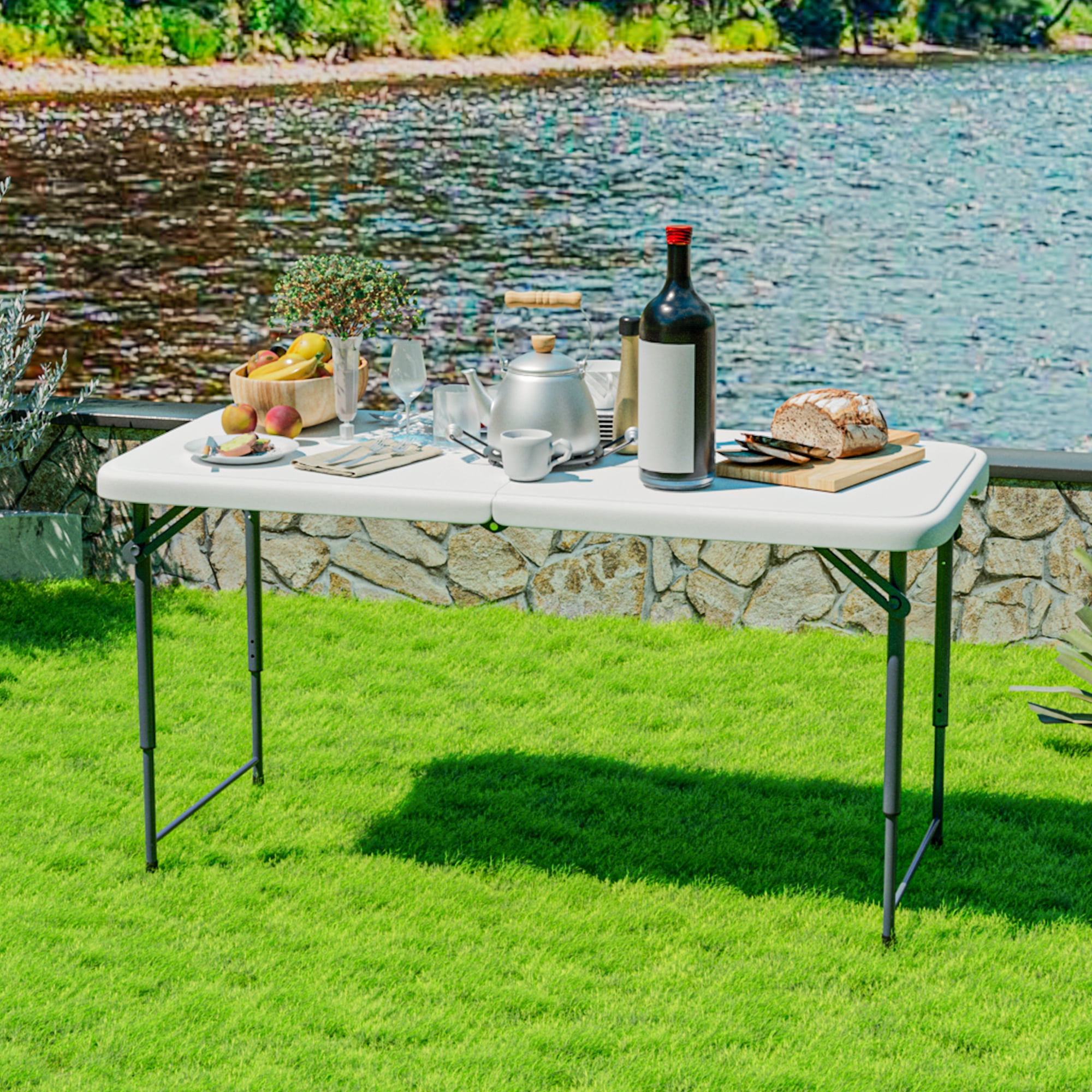 MAYEERTY 4'Bi-Folded Outdoor Picnic Table with 3-Height Telescopic Legs, Portable for Outdoor BBQ & Events