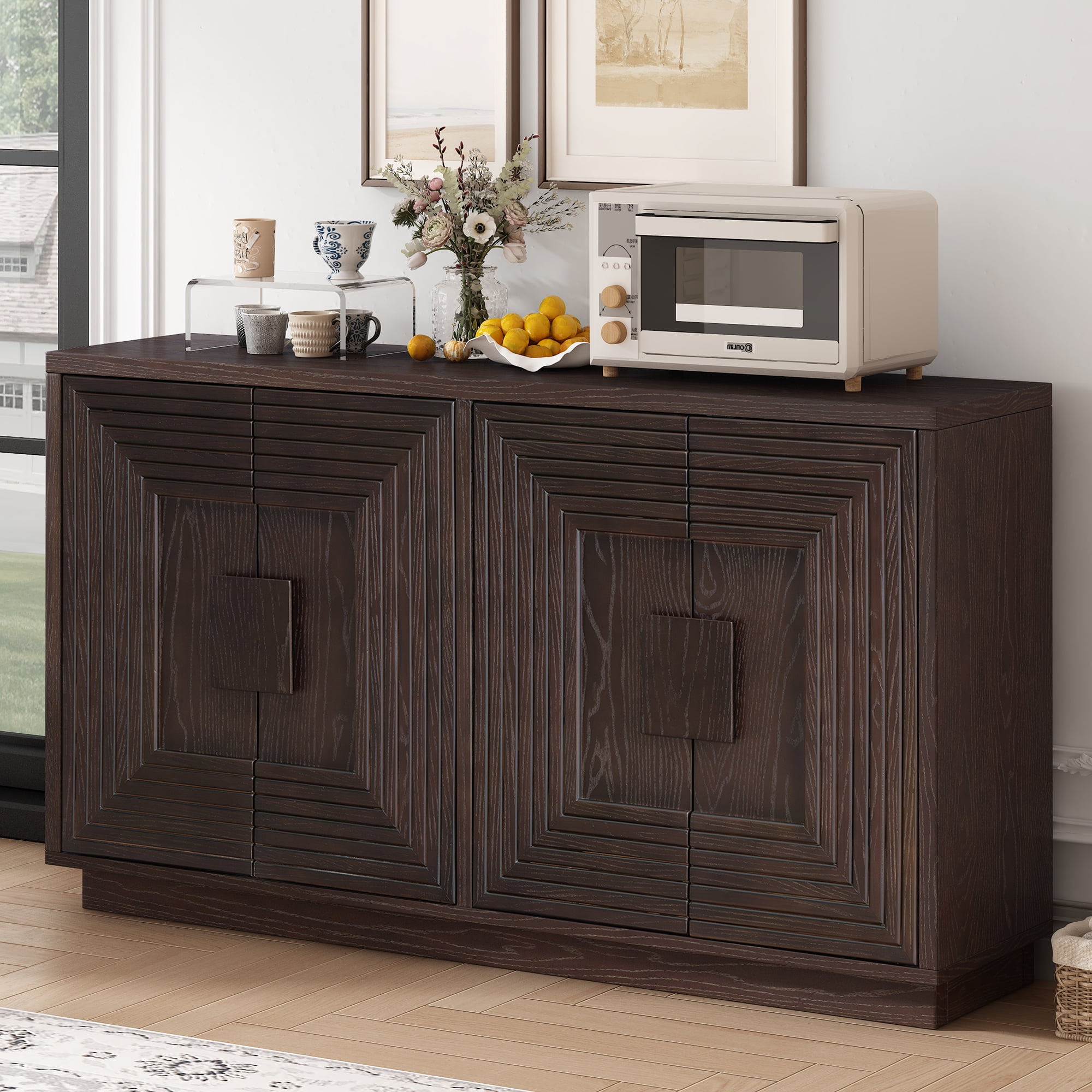 MAYEERTY 4-Door Vintage Fluted Buffet Cabinet with Adjustable Shelves for Dining Room, Kitchen, Living Room, Espresso
