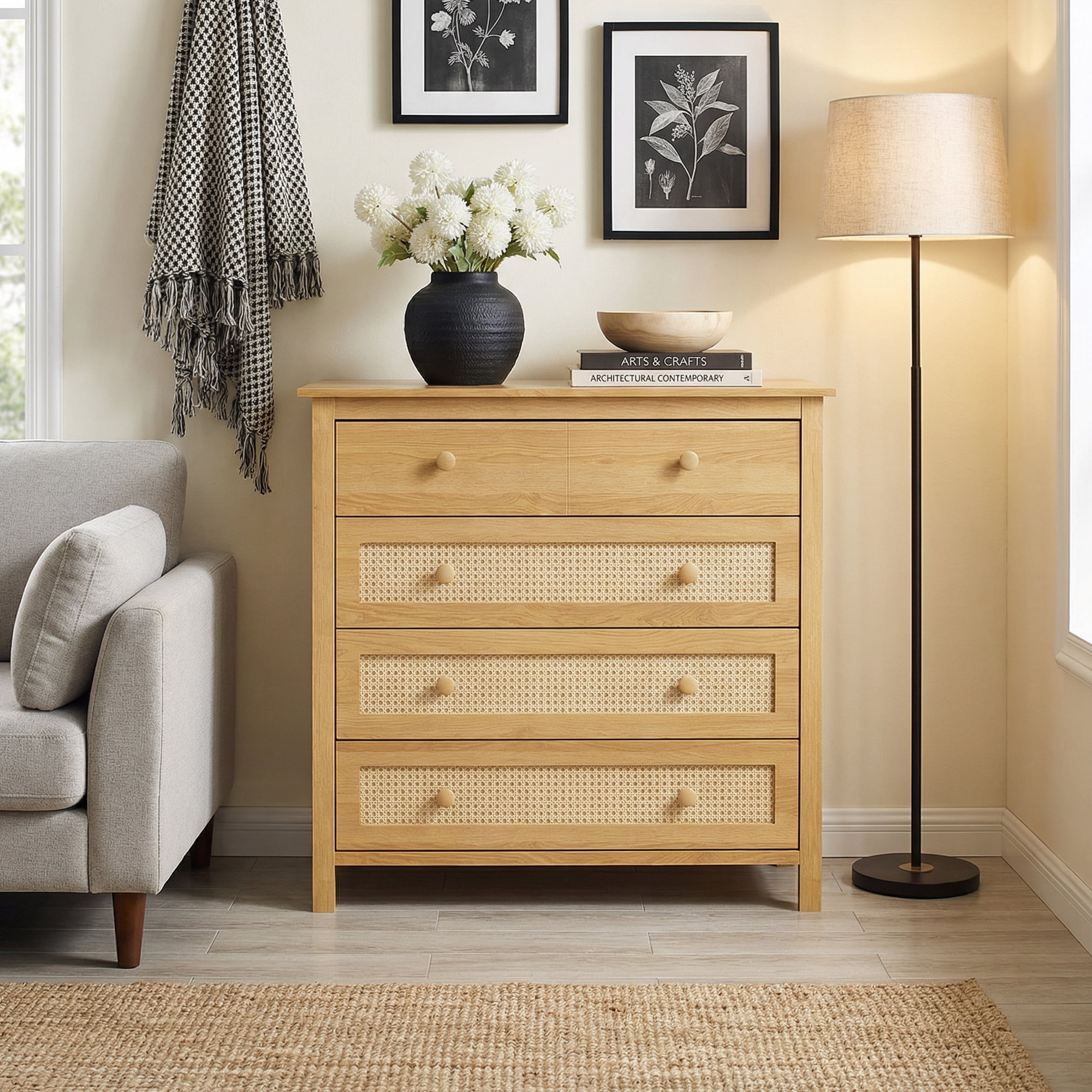 MAYEERTY 4-Drawer Sideboard Buffet Cabinet - Modern Console Cabinet for Kitchen & Hallway, Natural