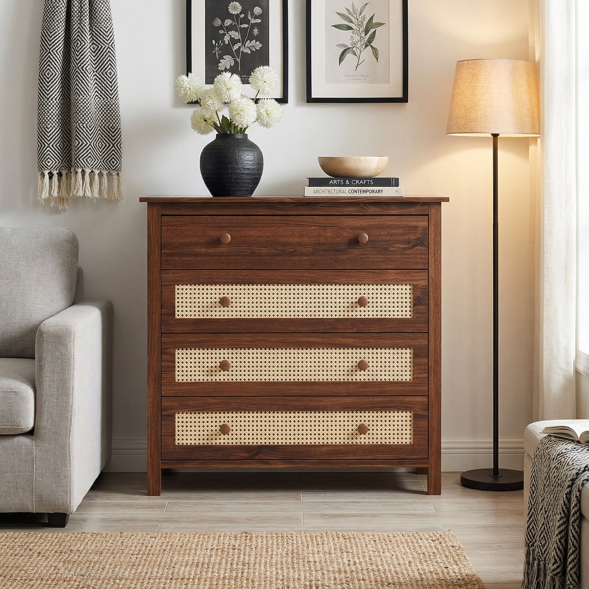 MAYEERTY 4-Drawer Sideboard Buffet Cabinet - Modern Console Cabinet for Living Room & Kitchen, Walnut