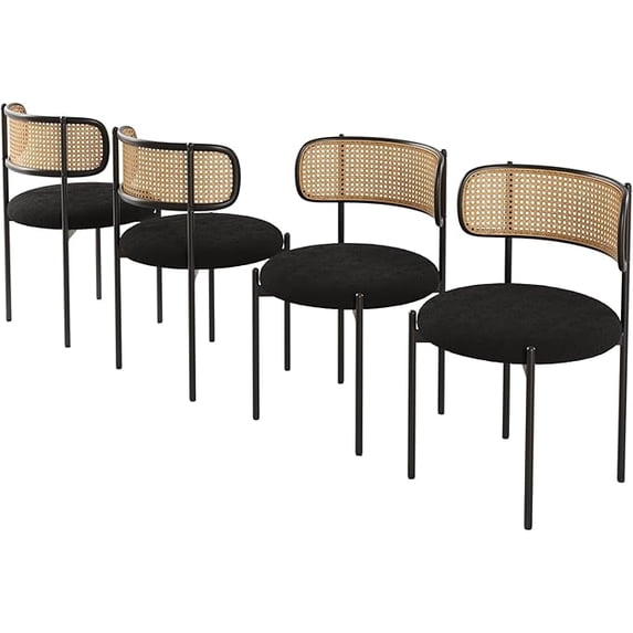 MAYEERTY 4-Pack Black Modern Upholstered Dining Chairs, Rattan Back, Metal Legs, Kitchen Accent