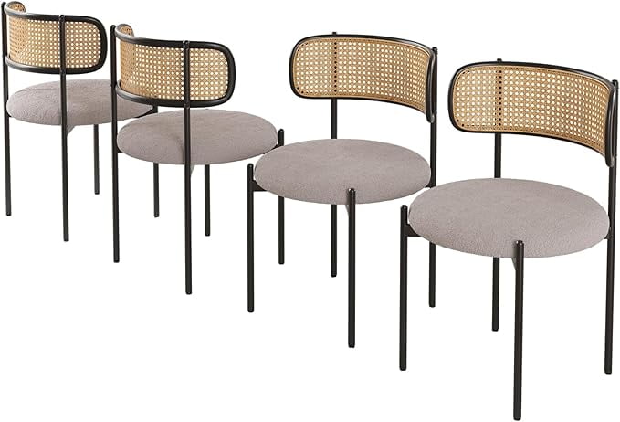 MAYEERTY 4-Pack Light Gray Modern Upholstered Dining Chairs, Rattan Back, Metal Legs, Kitchen Accent