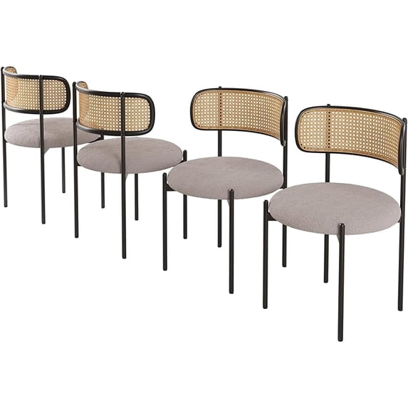 MAYEERTY 4-Pack Light Gray Modern Upholstered Dining Chairs, Rattan Back, Metal Legs, Kitchen Accent
