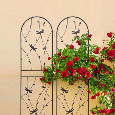 MAYEERTY 4 Pack Metal Garden Trellis 71 x 19.7 Inch Rustproof Climbing Plants Support Dragonfly Deco Black Outdoor Flower