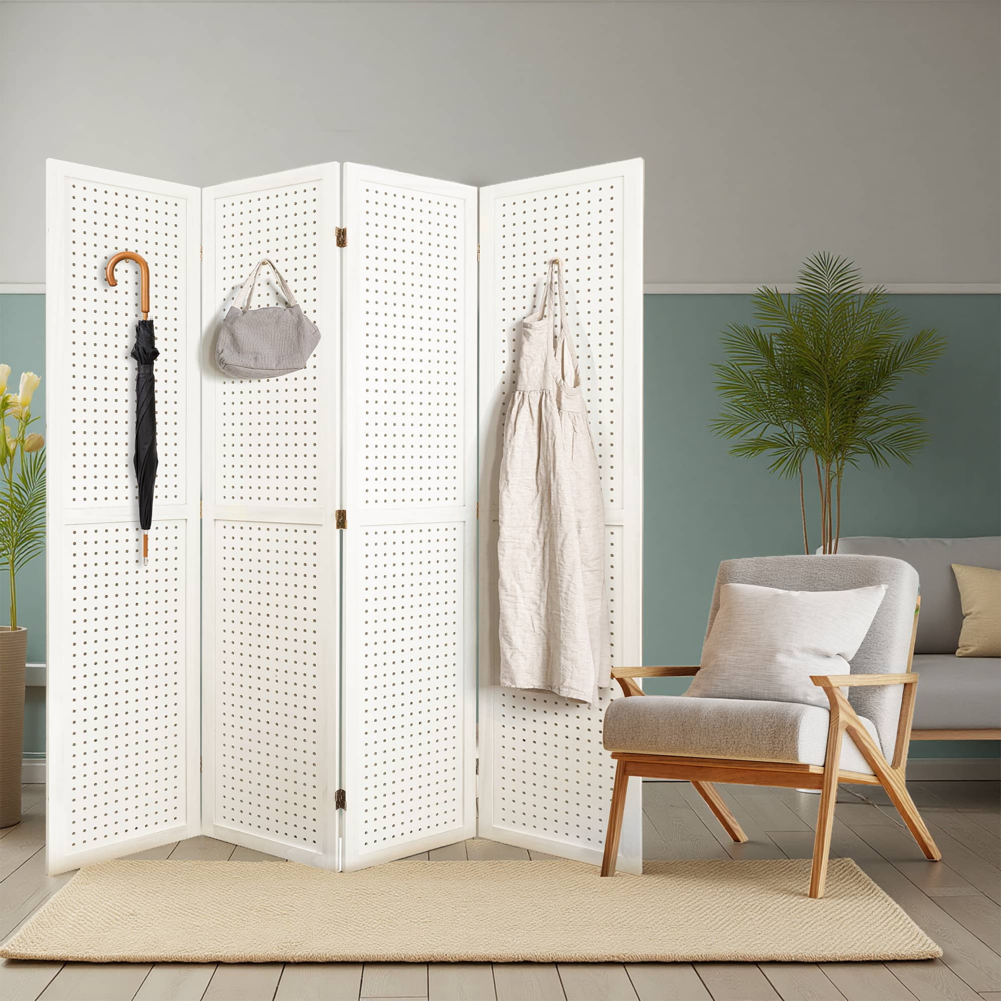 MAYEERTY 4 Panel Freestanding Room Divider, 5.6Ft Wooden Privacy Screen with Shelves, White