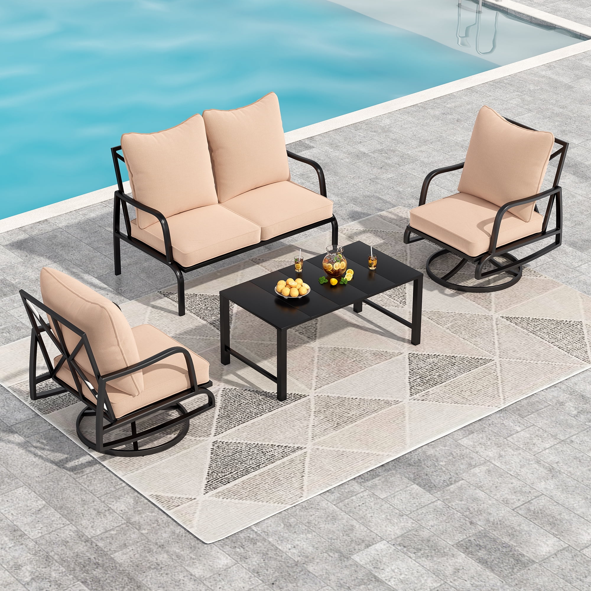 MAYEERTY 4-Piece Metal Frame Outdoor Patio Set with 2 Swivel Chairs, 1 Loveseat, and 1 Coffee Table