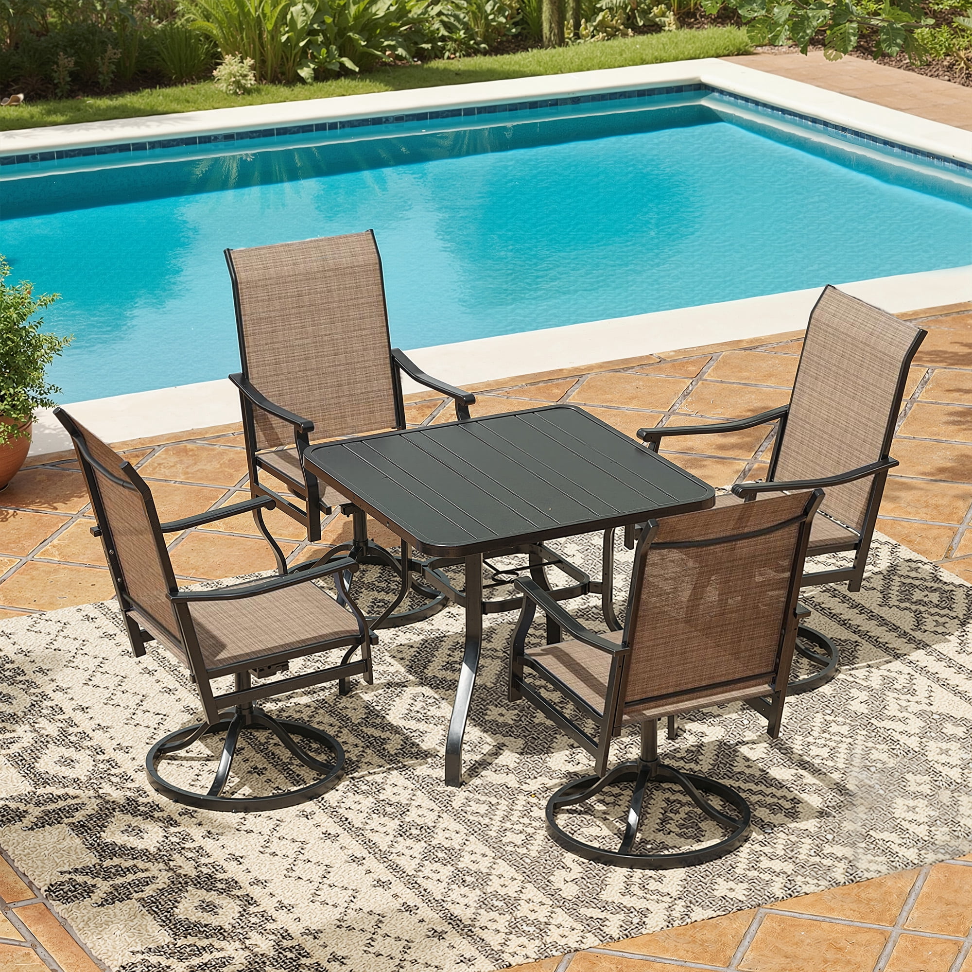 MAYEERTY 4-Piece Outdoor Swivel Dining Chairs with Textilene Fabric for Backyard & Patio, Brown