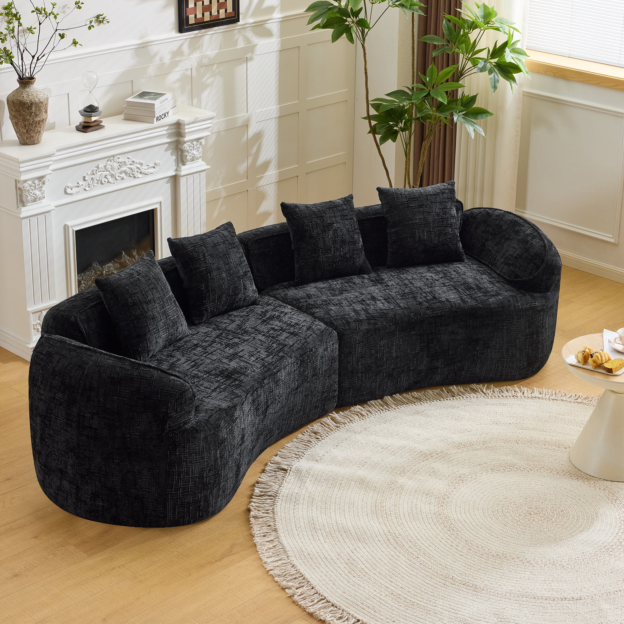 MAYEERTY 4-Seat Curved Compressed Sectional Sofa, Upholstered Cloud Modular Couch with Throw Pillows, No Assembly for Living Room Apartment Small Spaces