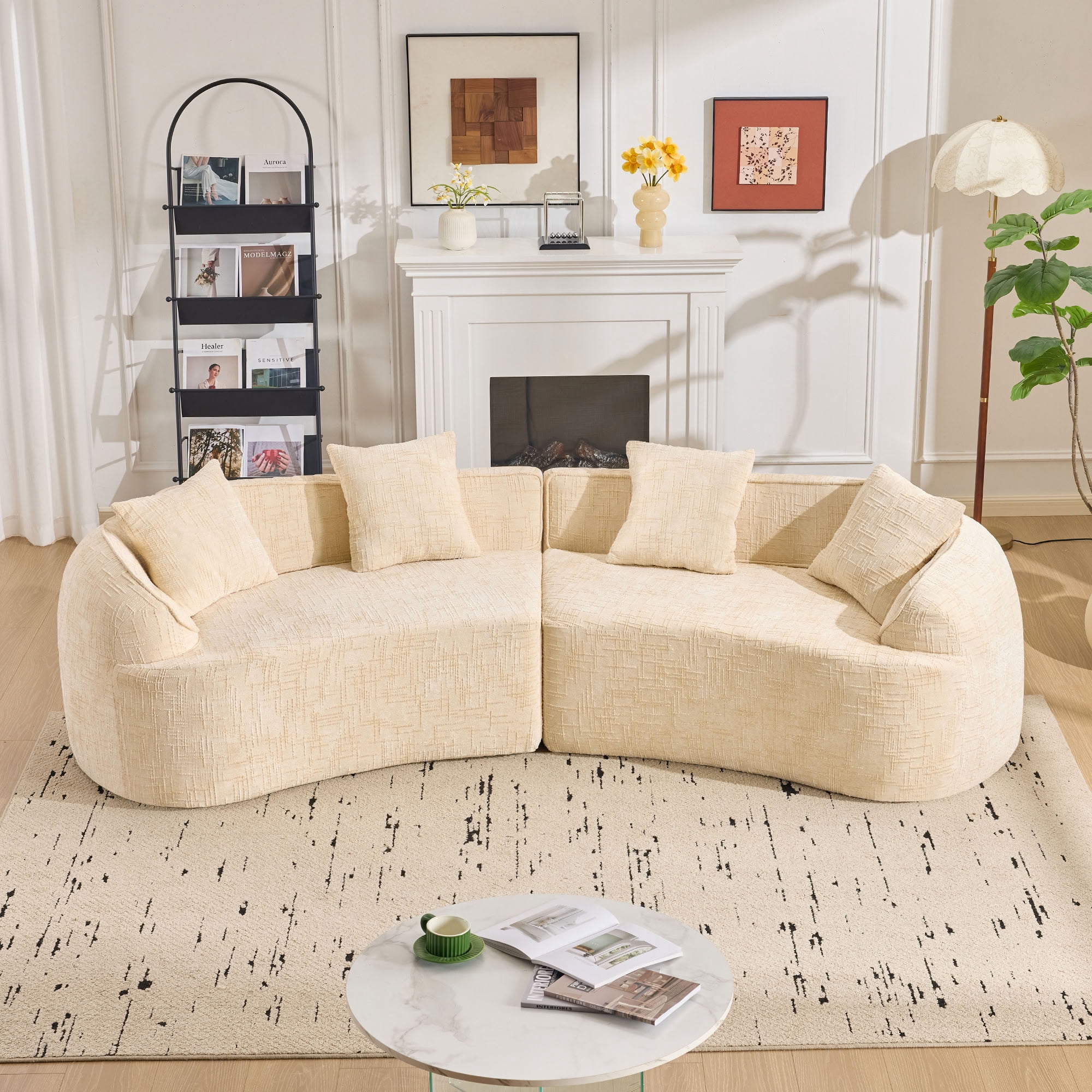 MAYEERTY 4-Seat Curved Compressed Sectional Sofa, Upholstered Cloud Modular Couch with Throw Pillows, No Assembly for Living Room Apartment Small Spaces