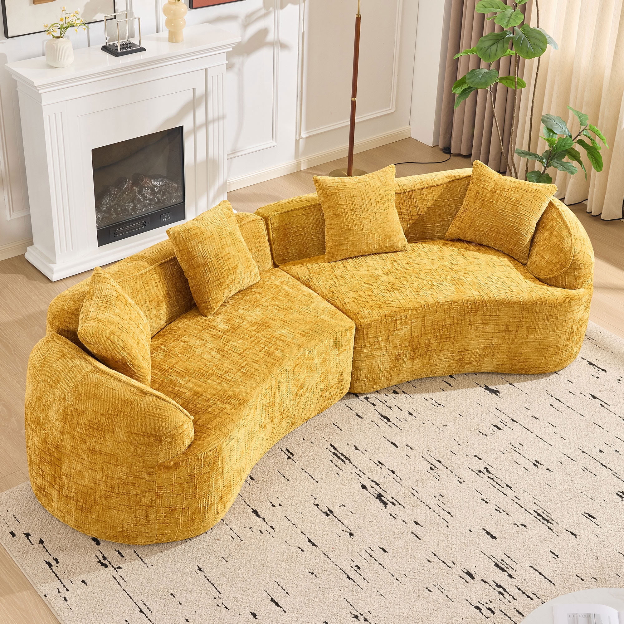MAYEERTY 4-Seat Curved Compressed Sectional Sofa, Upholstered Cloud Modular Couch with Throw Pillows, No Assembly for Living Room Apartment Small Spaces