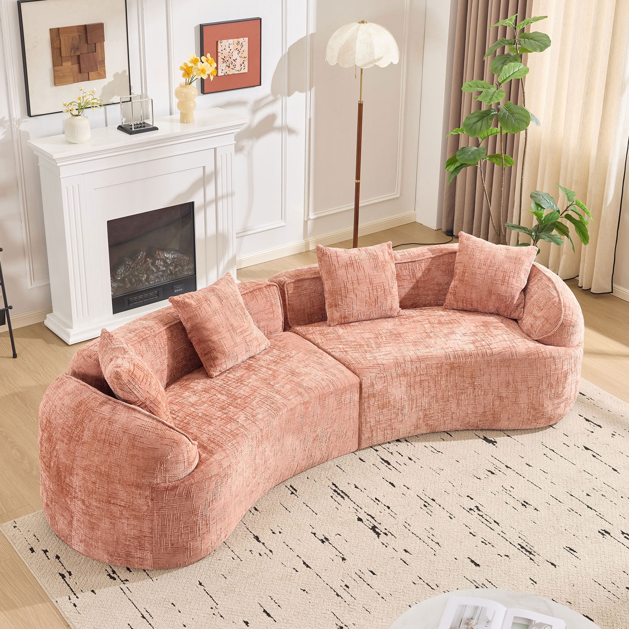 MAYEERTY 4-Seat Curved Compressed Sectional Sofa, Upholstered Cloud Modular Couch with Throw Pillows, No Assembly for Living Room Apartment Small Spaces