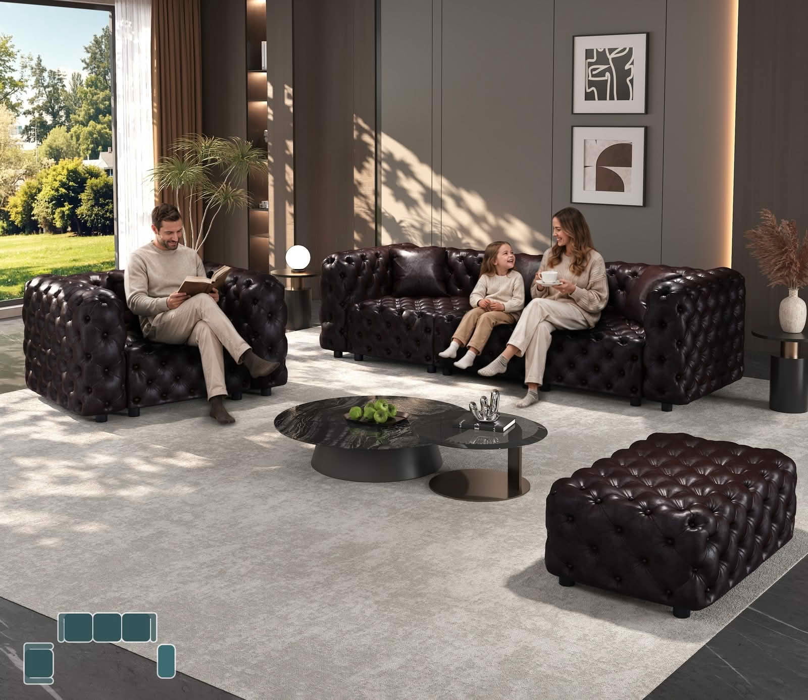 MAYEERTY 4‑Seat Faux‑Leather Modular Sofa Set, Handcrafted Button Tufted Couch with Ottoman & 4 Pillows for Living Room & Small Apartment