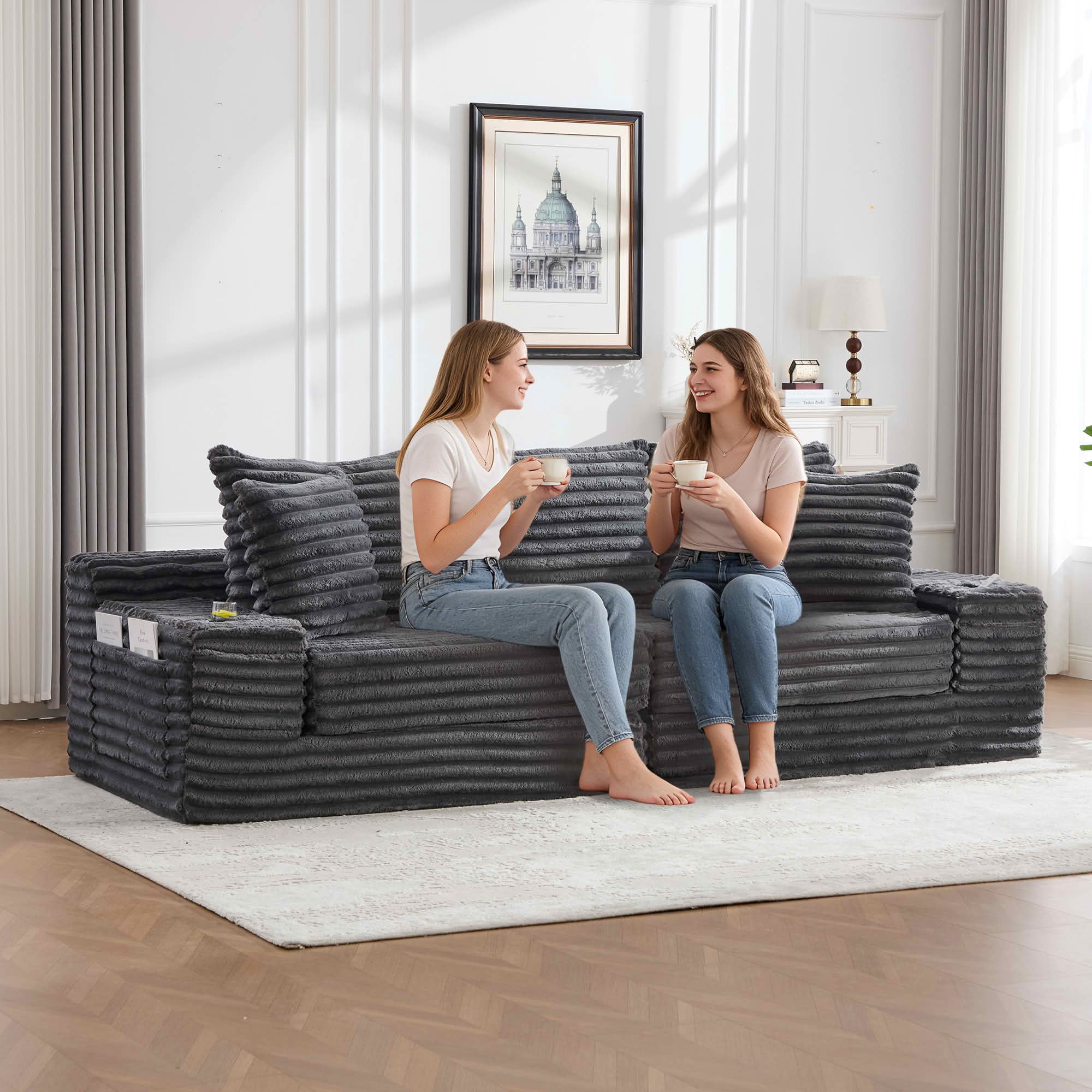 MAYEERTY 4-Seater Boneless Cloud Sofa Bed, Breathable Corduroy Upholstered Couch with Pillows, Cup Holders & Side Pockets, No Assembly for Home Small Spaces