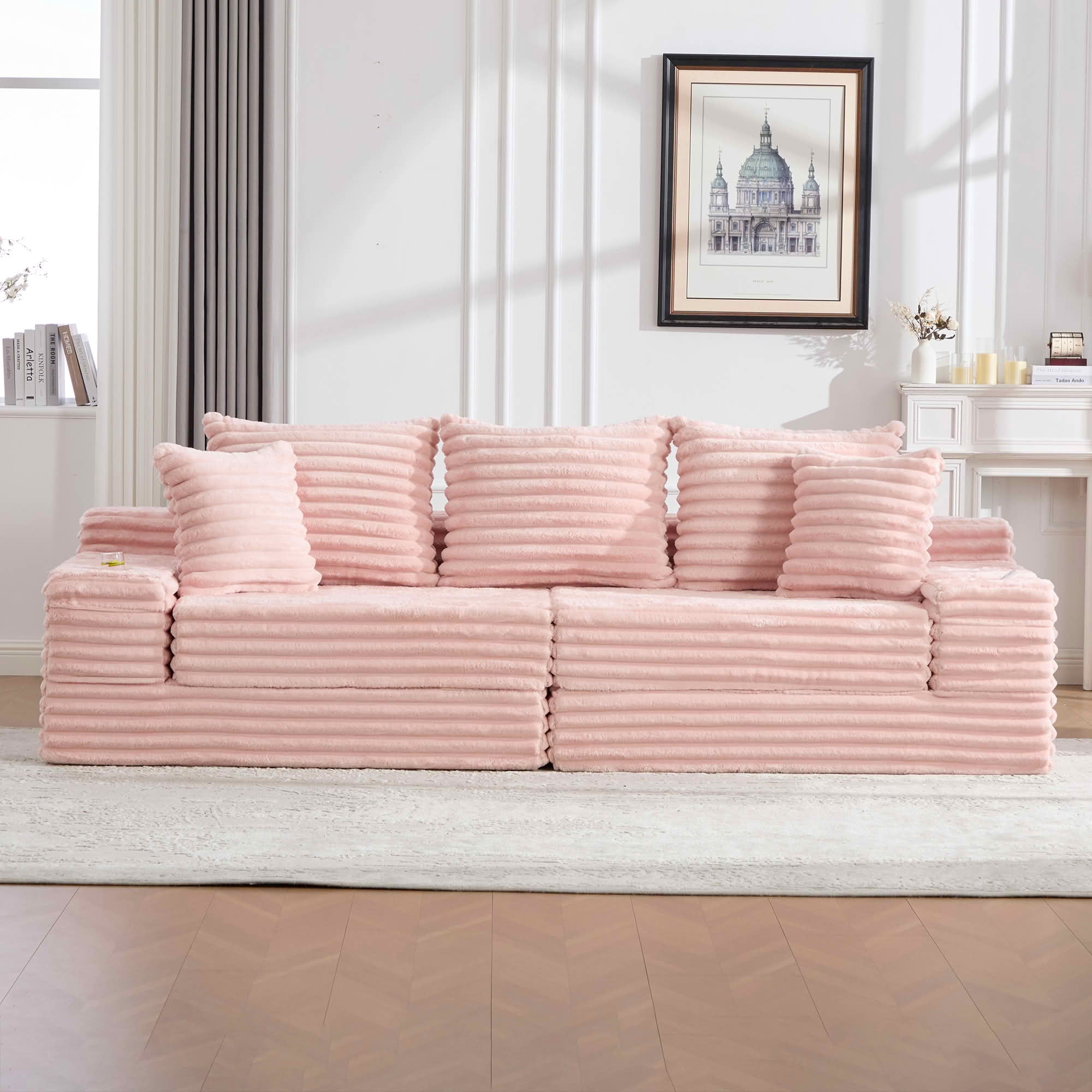 MAYEERTY 4-Seater Boneless Cloud Sofa Bed, Breathable Corduroy Upholstered Couch with Pillows, Cup Holders & Side Pockets, No Assembly for Home Small Spaces