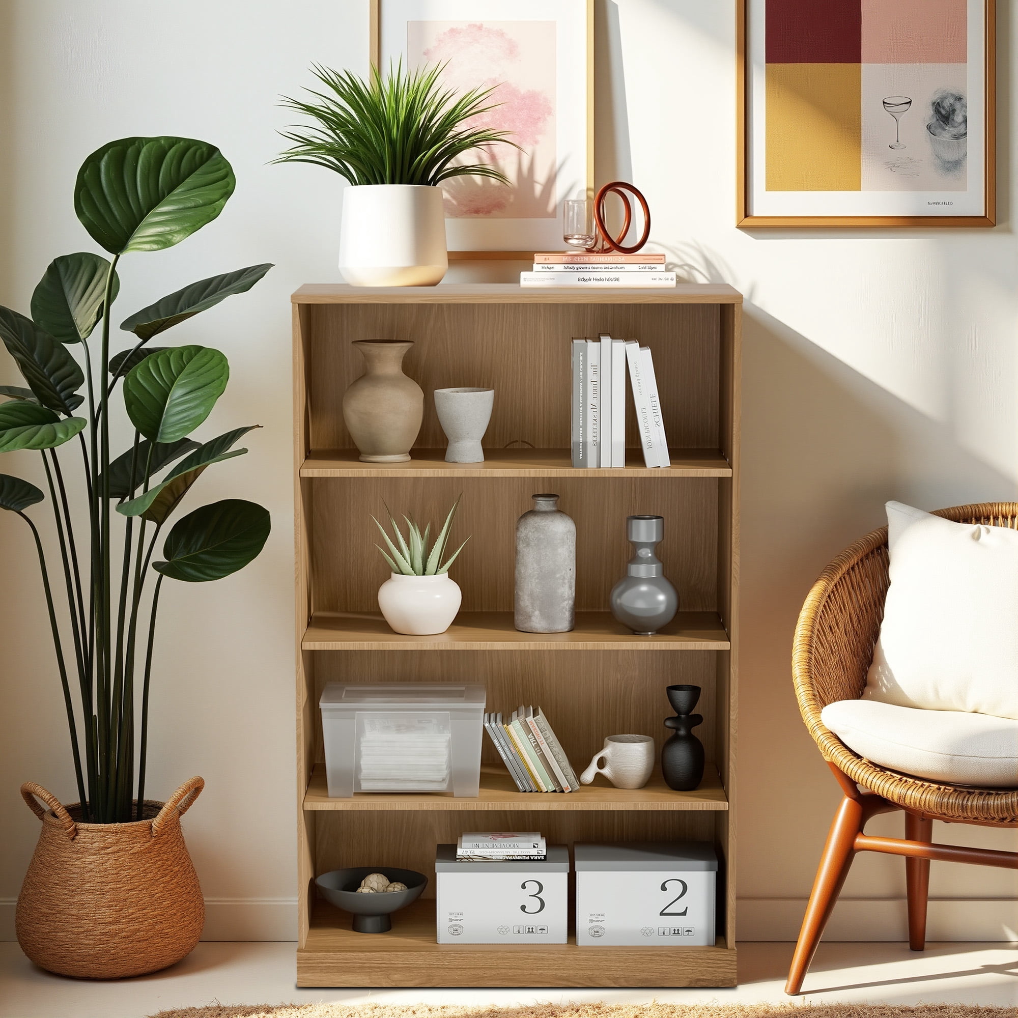 MAYEERTY 4-Shelf 16*31*49"Natural Wood Grain Bookcase with Adjustable Shelves, Durable Storage for Home or Office