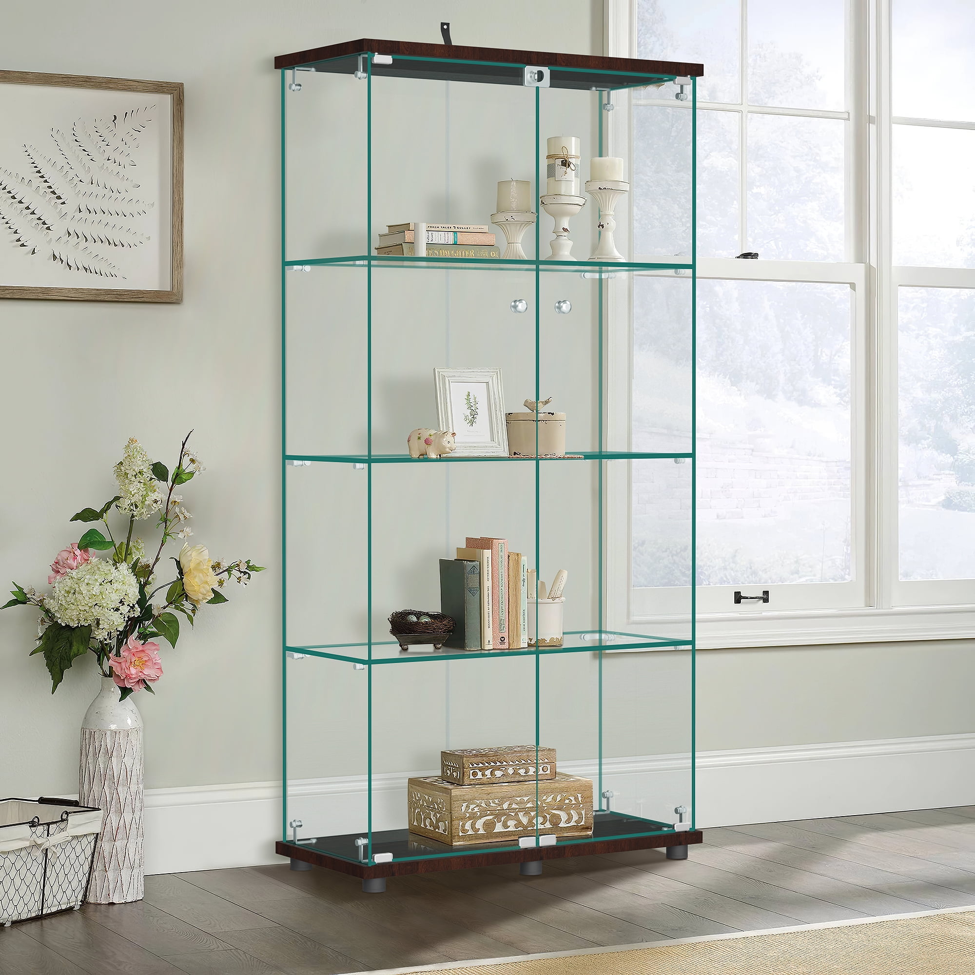MAYEERTY 4-Tier Glass Display Cabinet with Double Door, Curio Cabinet Collection Showcase, Brown, 64.5"x32"x14.4"