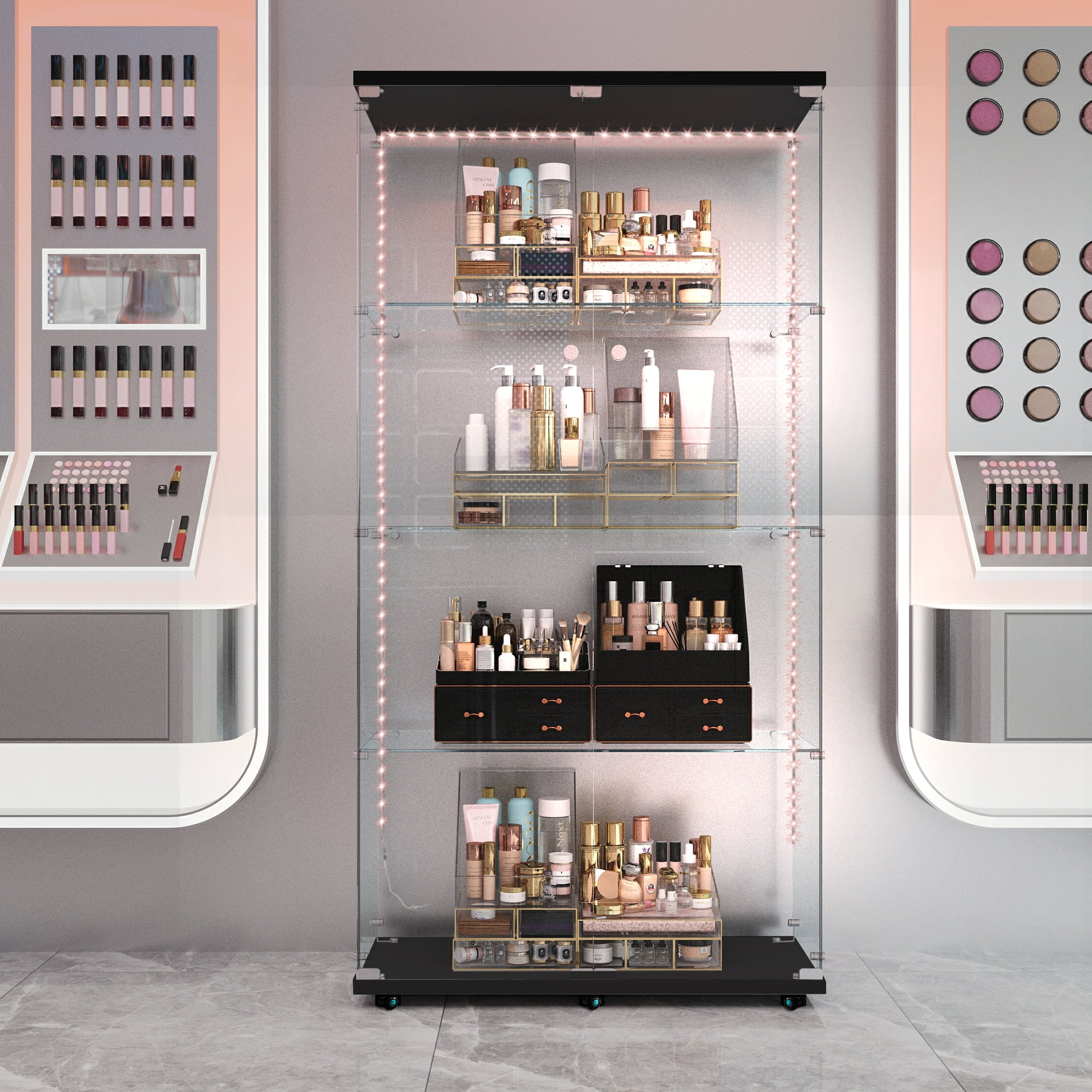 MAYEERTY 4 Tiers Glass Display Cabinet with Bluetooth LED Light Strip, Curio Storage Cabinet with 2 Door, Black
