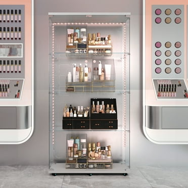 MAYEERTY 4 Tiers Glass Display Cabinet with Bluetooth LED Light Strip, Curio Storage Cabinet with 2 Door, White