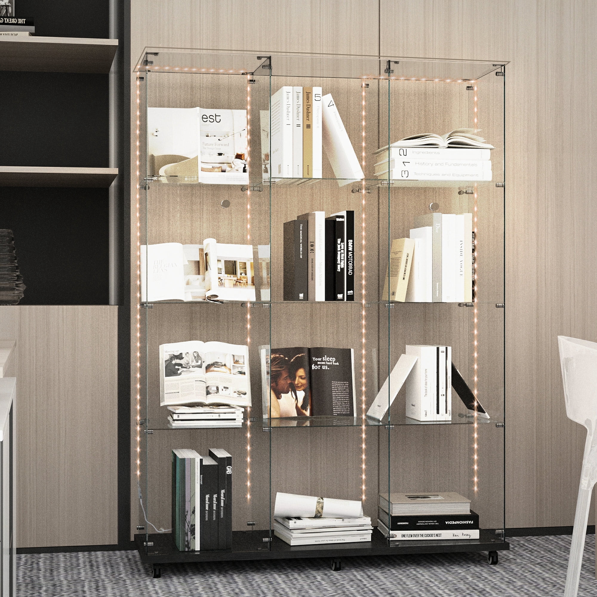 MAYEERTY 4 Tiers Glass Display Cabinet with Bluetooth LED Light Strip, Curio Storage Cabinet with 3 Door Wheels and Lock, Tempered Glass Top, Black