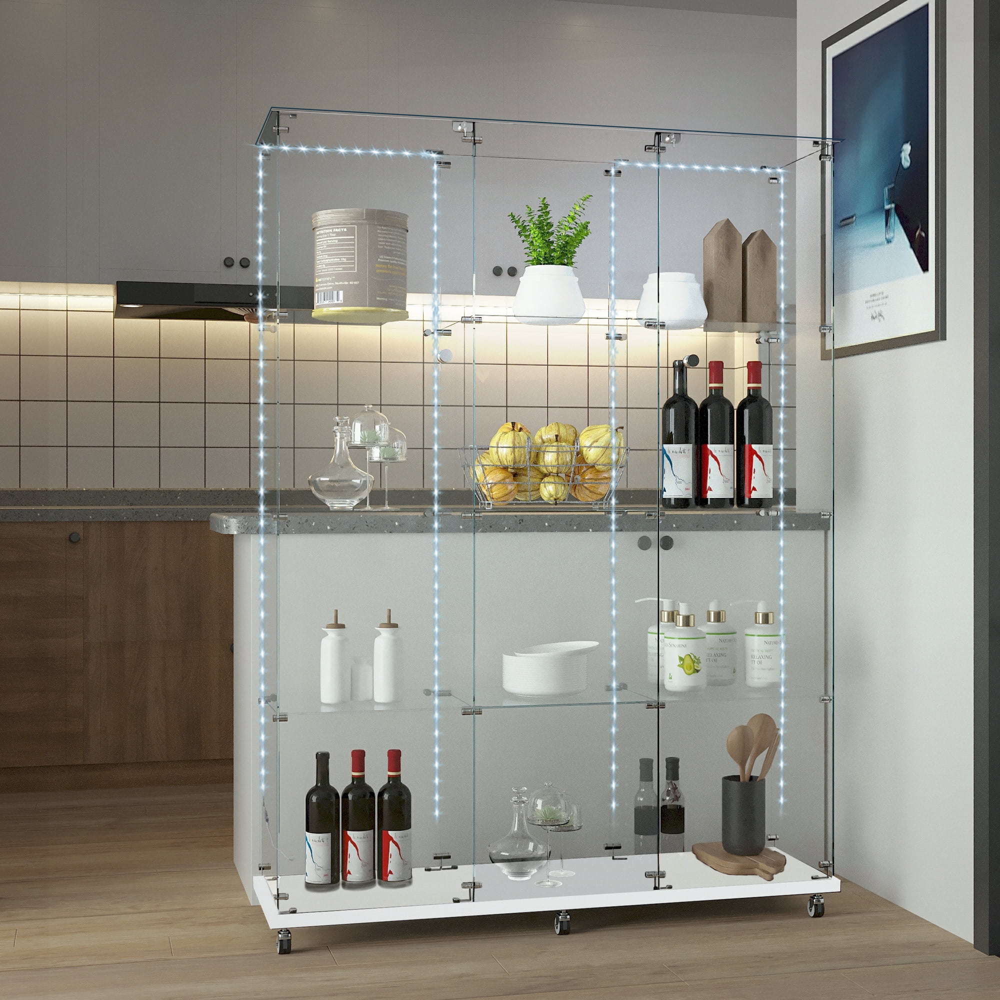 MAYEERTY 4 Tiers Glass Display Cabinet with Bluetooth LED Light Strip, Curio Storage Cabinet with 3 Door Wheels and Lock, Tempered Glass Top, White