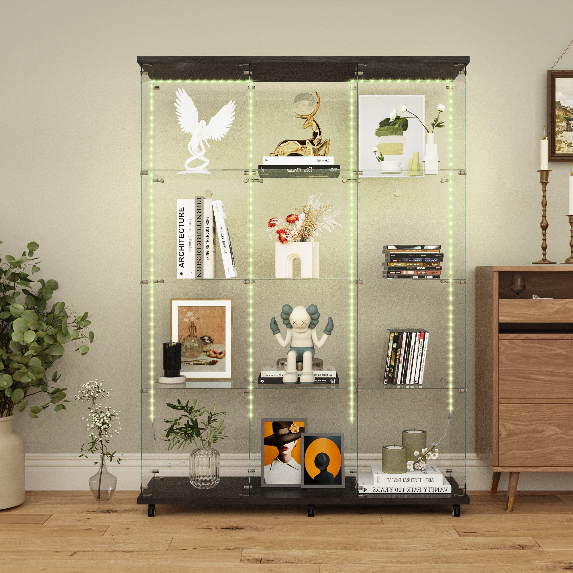 MAYEERTY 4 Tiers Glass Display Cabinet with Bluetooth LED Light Strip, Curio Storage Cabinet with 3 Door Wheels and Lock, Wood Top, Black