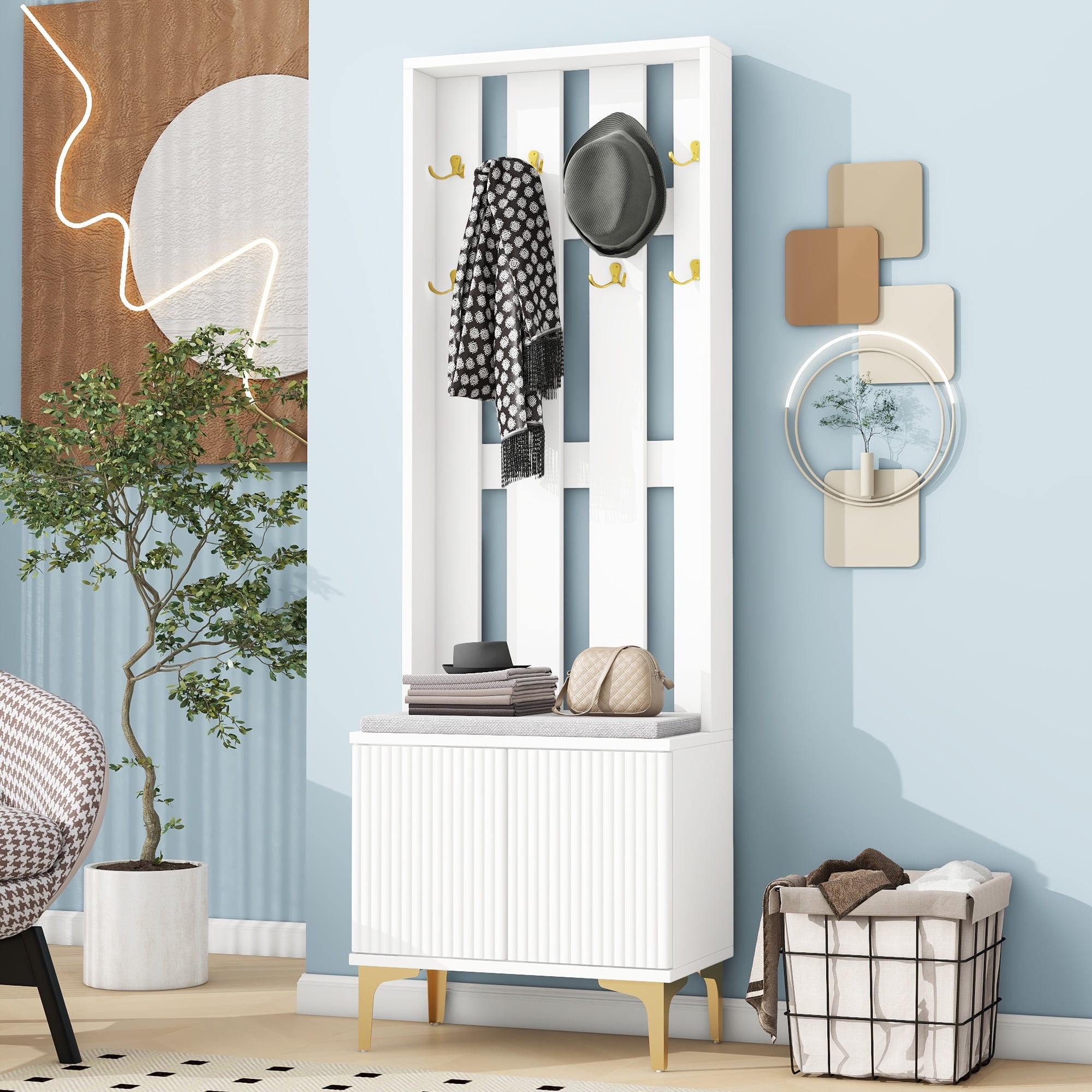 MAYEERTY 4-in-1 Hall Tree: Modern Entryway Bench with Cushion, 8 Gold Hooks, Adjustable Shelves, White