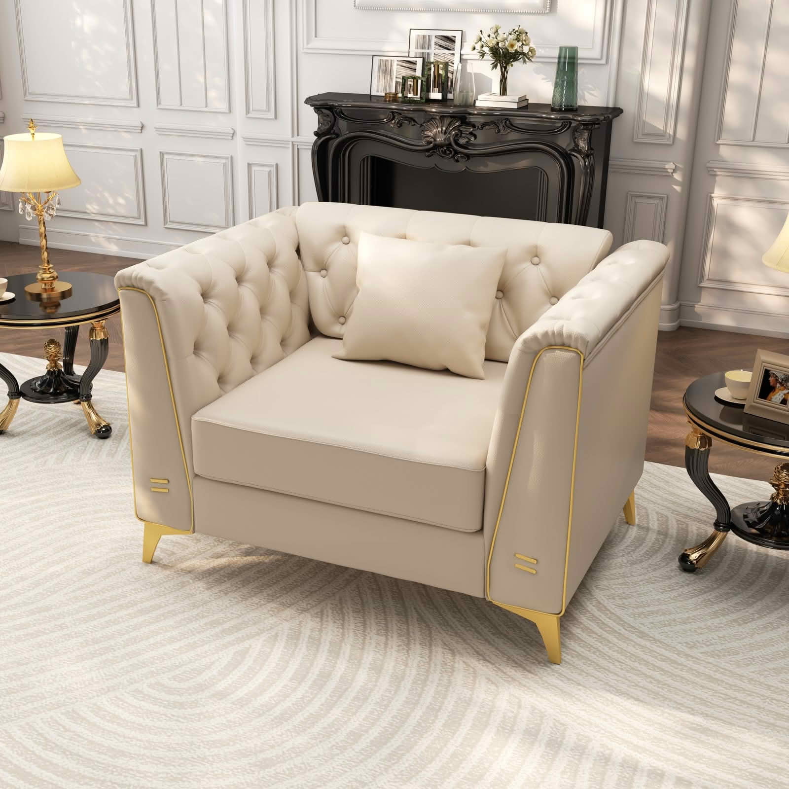 MAYEERTY 40.1" Light Luxury Modular Chesterfield Single Sofa, Faux‑Leather Chair with Button Tufting, Metal Trim Armrest & Thin Metal Legs, 1 Pillow Included