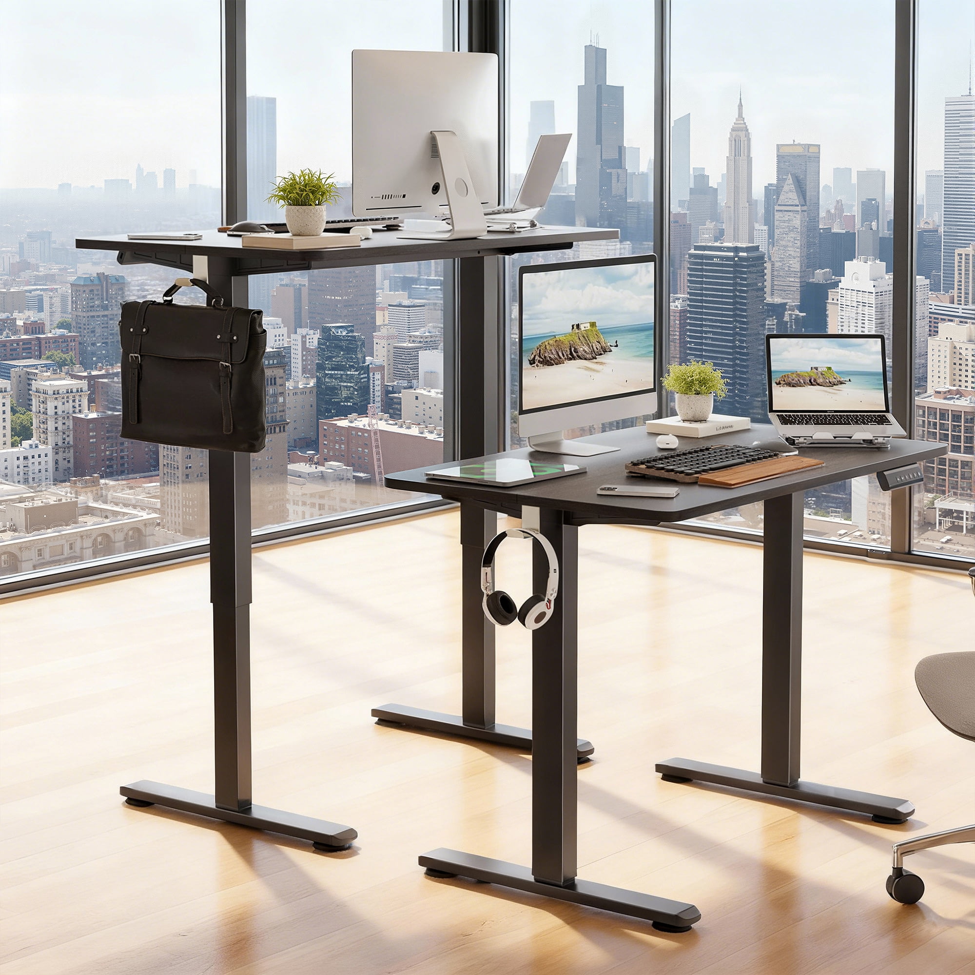 MAYEERTY 40×24" Electric Height-Adjustable Desk, Sit Stand Desk with Side Hooks for Home & Office, Gray