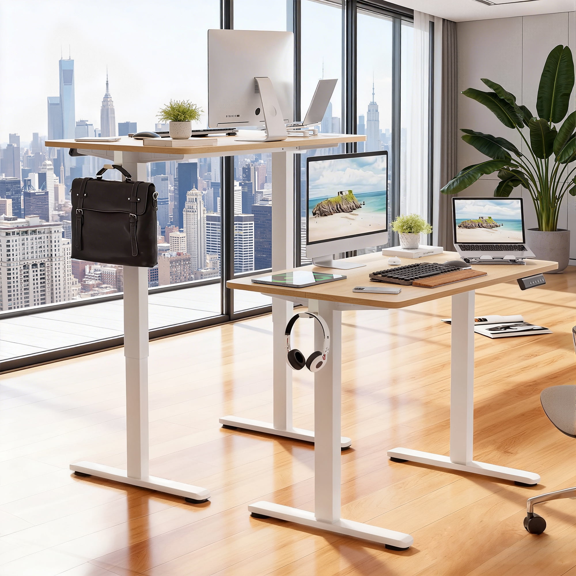 MAYEERTY 40×24" Electric Height-Adjustable Desk, Sit Stand Desk with Side Hooks for Home & Office, Nature