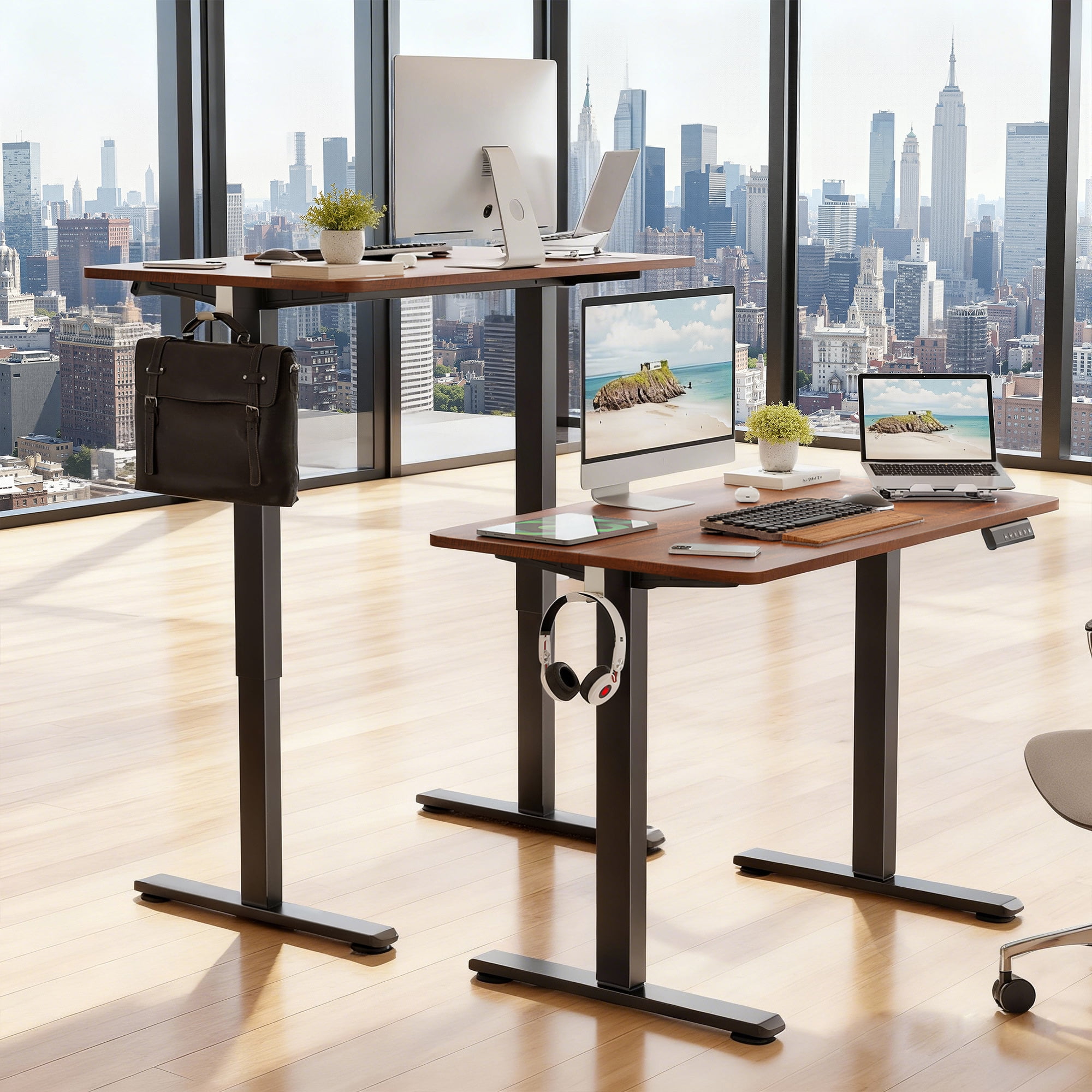 MAYEERTY 40×24" Electric Height-Adjustable Desk, Sit Stand Desk with Side Hooks for Home & Office, Walnut
