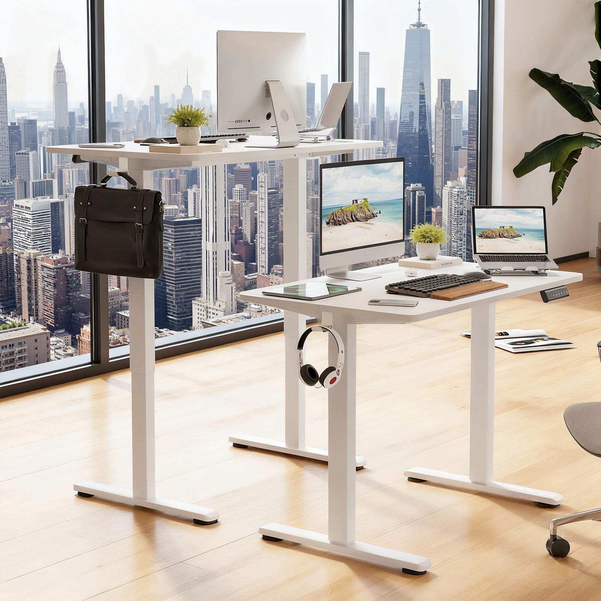 MAYEERTY 40×24" Electric Height-Adjustable Desk, Sit Stand Desk with Side Hooks for Home & Office, White