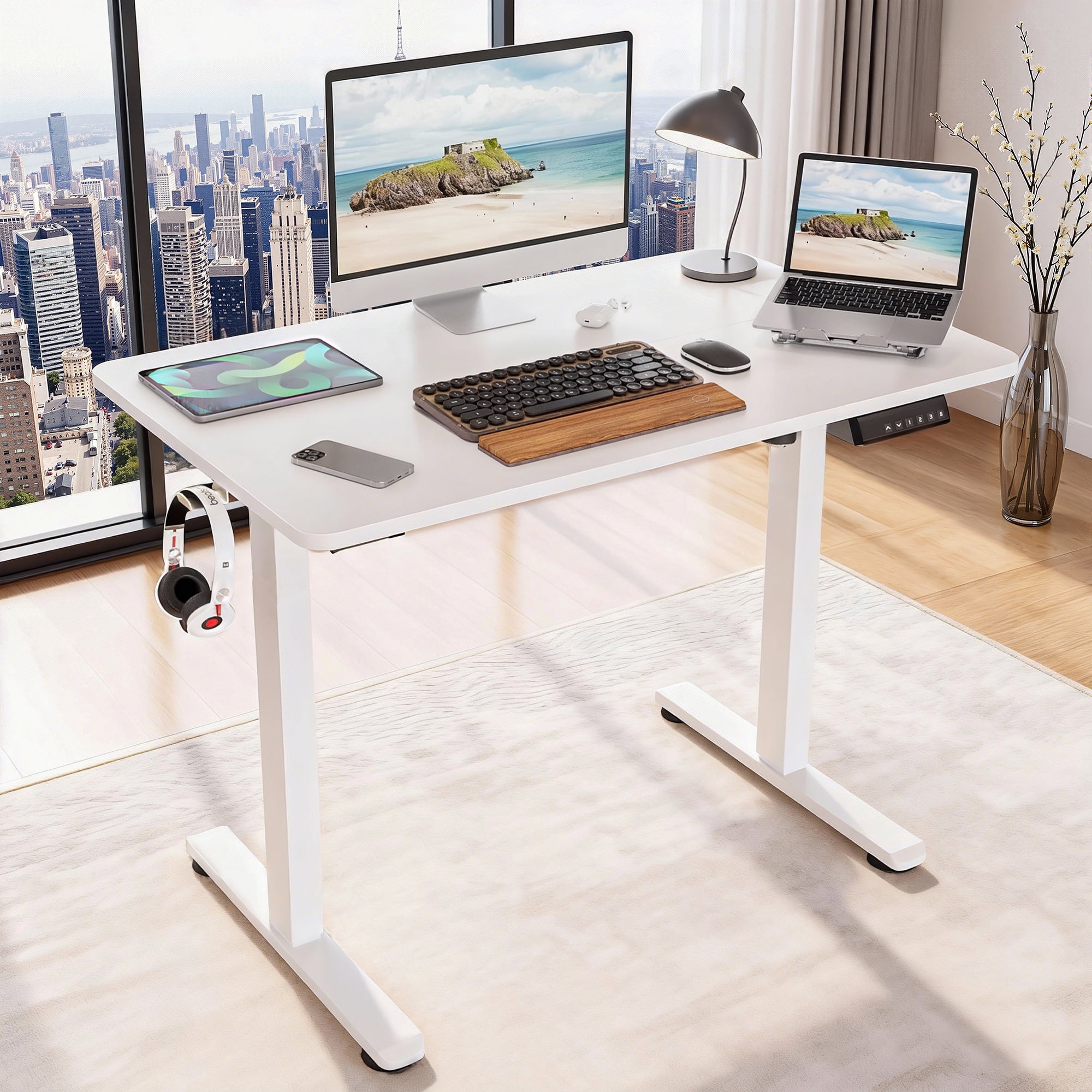 MAYEERTY 40*24" White Electric Standing Home Office Desk with Splice Board, Adjustable Height Sit-Stand Desk
