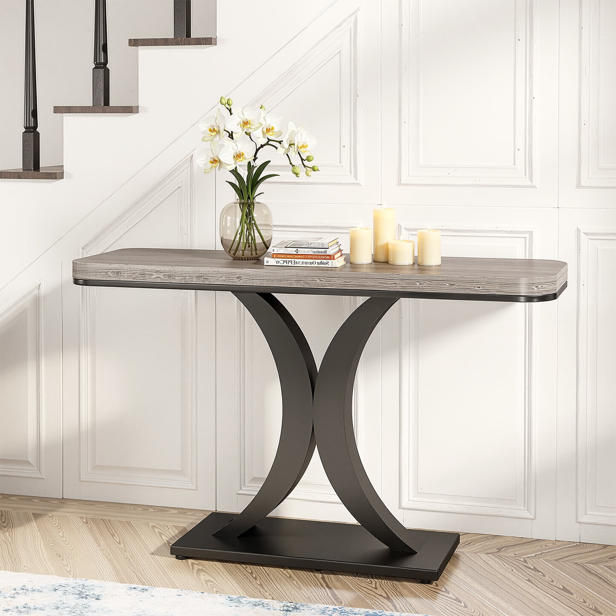 MAYEERTY 40 Inch Tall Sofa Table, Matte Black Geometric Metal Base Hallway Accent Table
